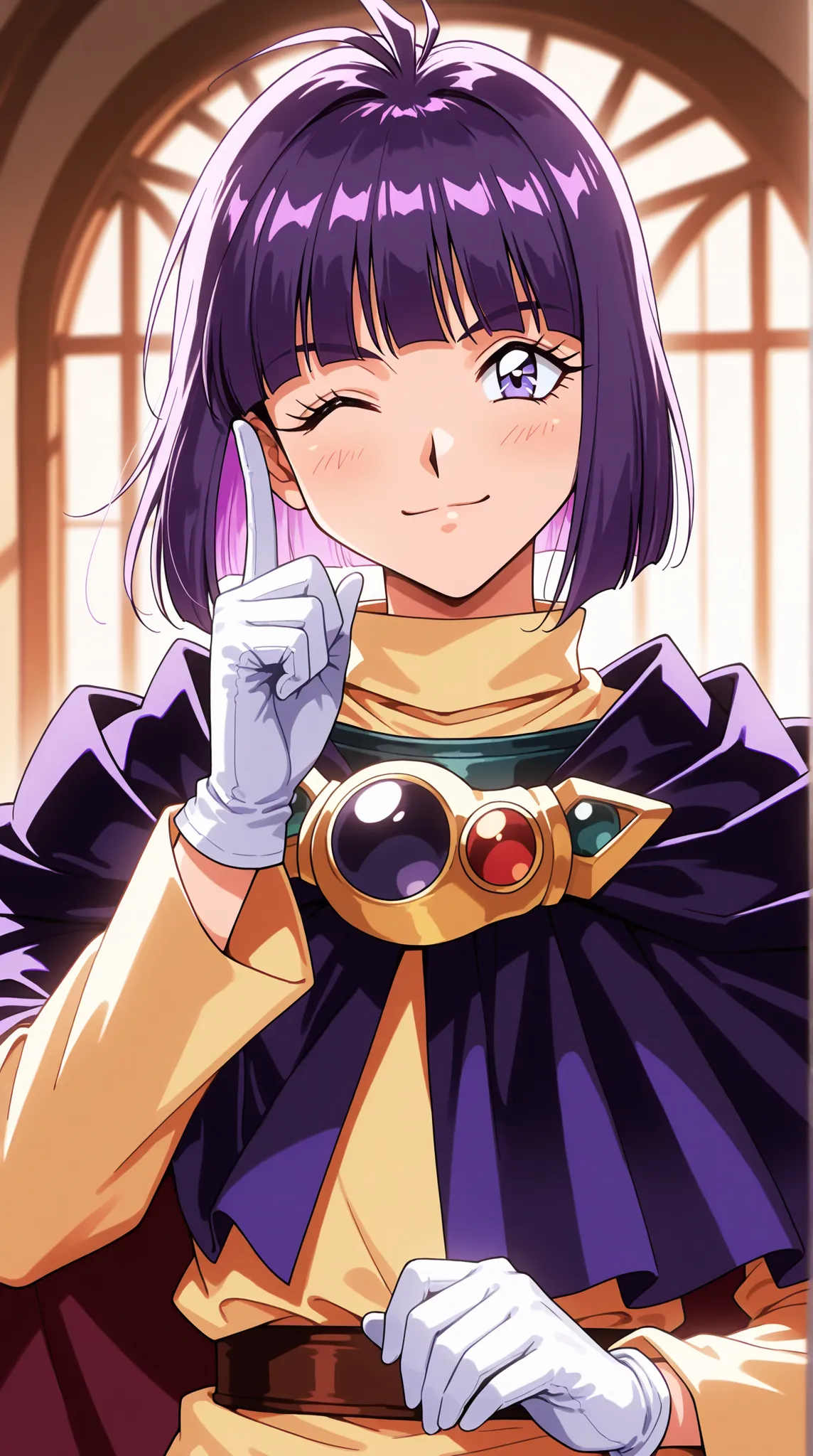 score_9_up,score_8_up,score_7_up,masterpiece,Highest Quality, (source anime:1), (Photorealistic:0.5), (ultra-realistic:0.5), 8k,super detailed, Extremely Detailed BREAK XEROS \(Slayers 1/2\),purple hair behind closed doors, bob cut,  Purple Eyes, Magician'...