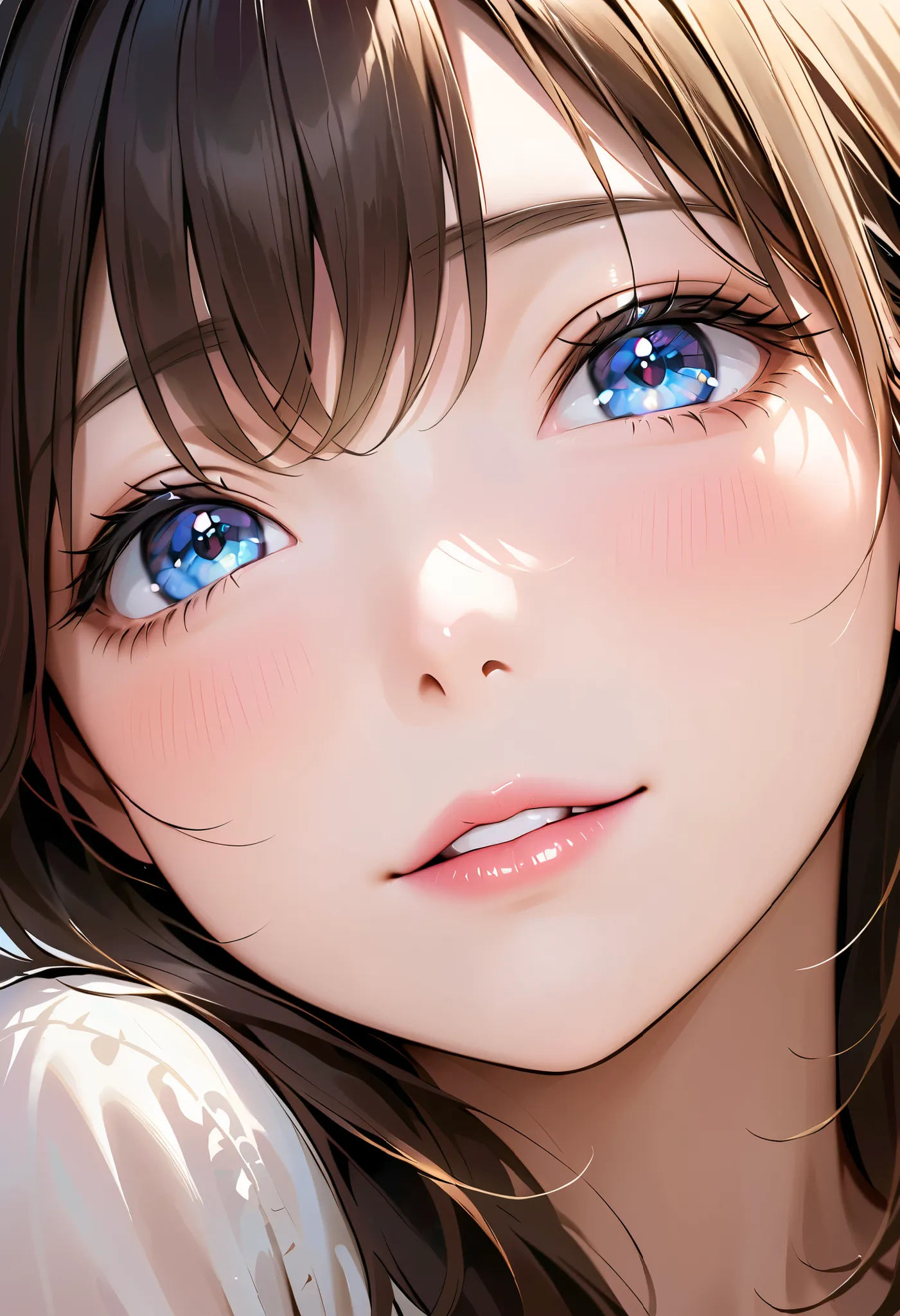 (gentle droopy eyes), A beautiful girl's face approaches the viewer. The girl is waiting for a kiss. An attractive face. Mouth is about to kiss. Eyes are open and expectant. Shy, delighted and blushing. Delicate eyelashes. Thin eyebrows. Natural makeup. De...