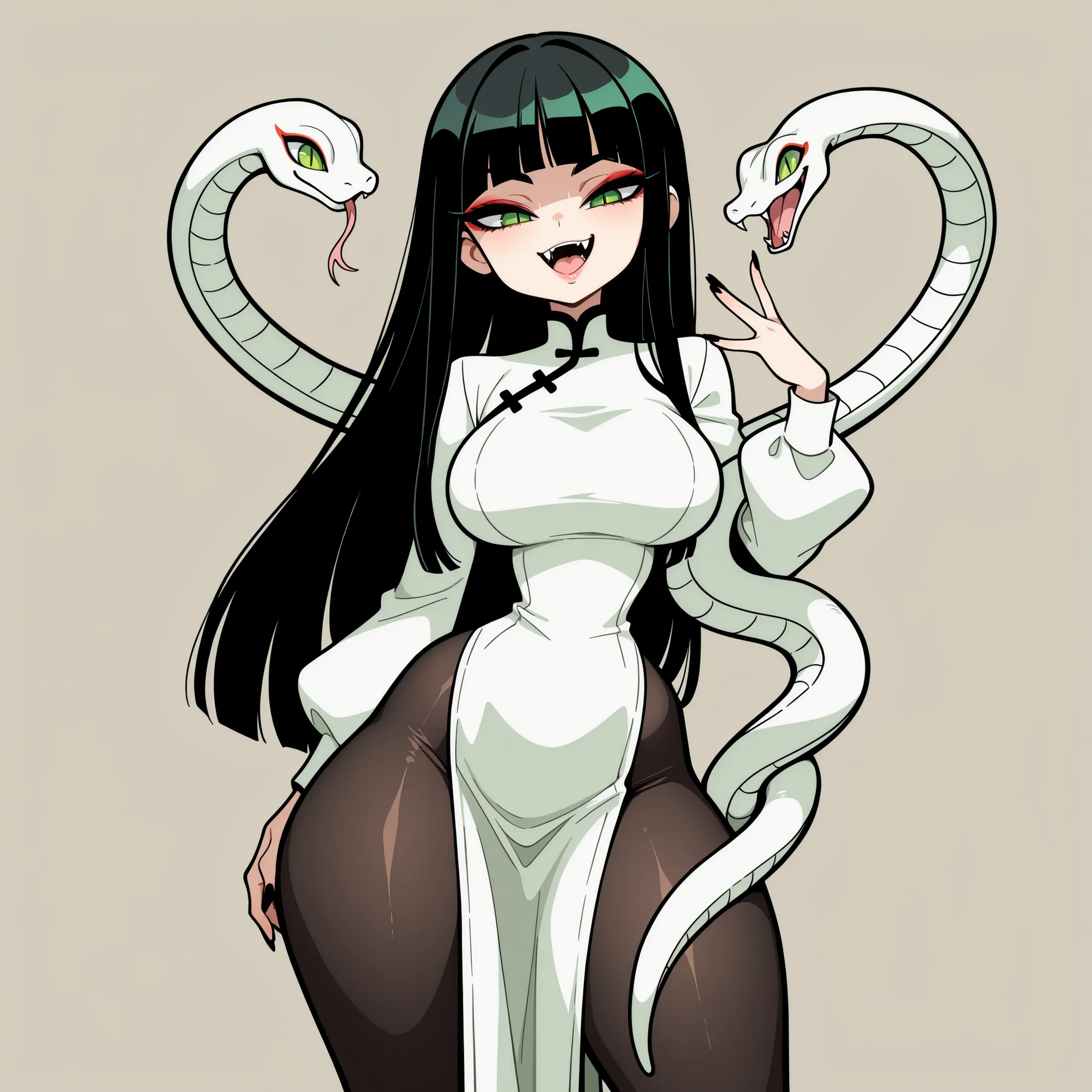 masterpiece, best quality, amazing quality, very aesthetic, absurdres, high res, shiny skin, diives, 1girl, solo, long black hair, blunt bangs, green eyes, slit pupils, makeup, eyeshadow, sharp fangs, full lips, big breasts, narrow waist, wide hips, thick ...