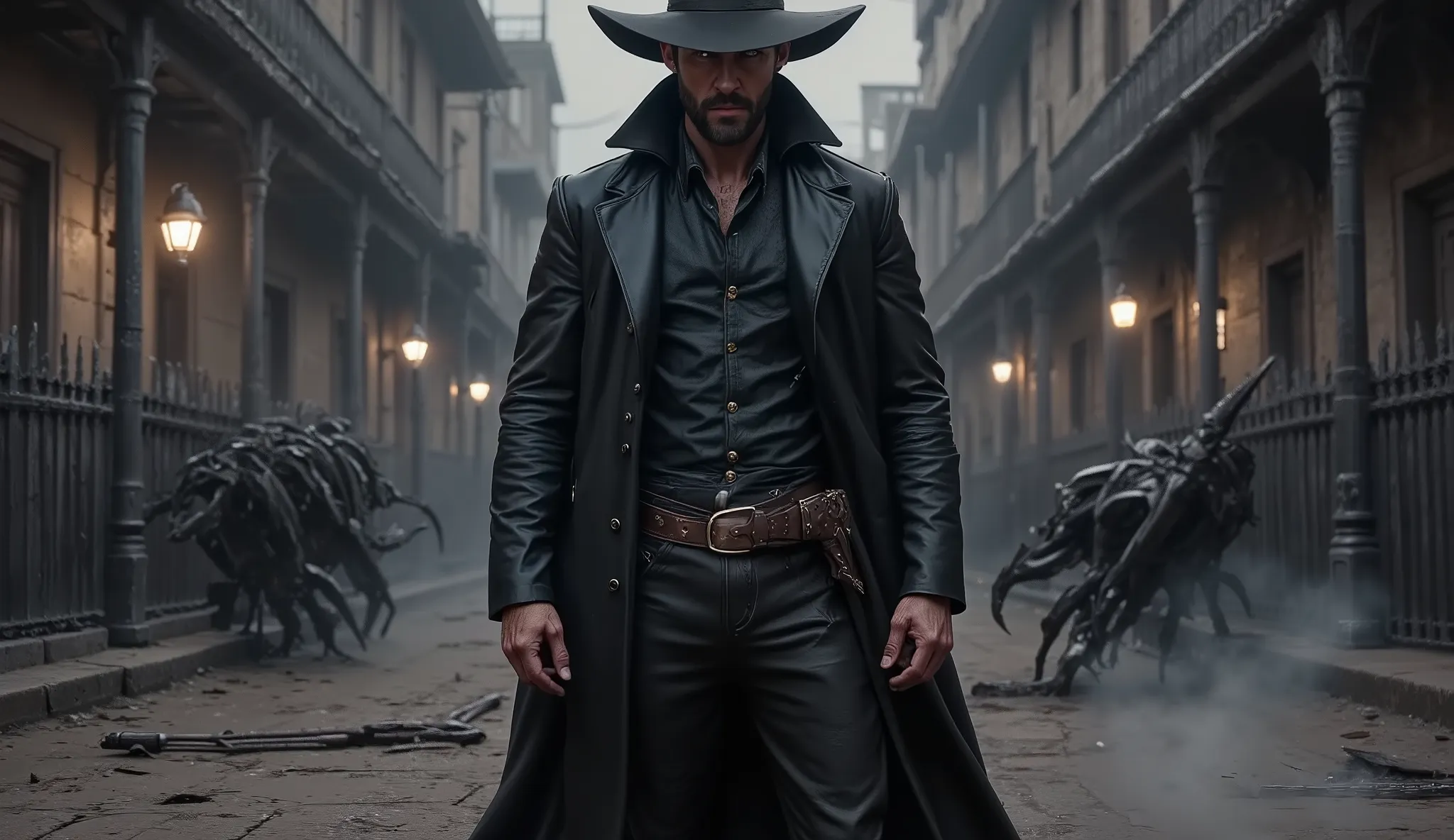 A hyperrealistic, cinematic low-angle shot of JACK CROWLEY, standing motionless in the midst of the City of the Dead. He wears a long, flowing black leather overcoat and a wide-brimmed hat, its shadow framing his sharp, unyielding gaze. His eyes are pierci...