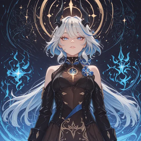 Sozinho, 1 menina, facing the viewer, Furina's hairstyle from "Genshin Impact", rosto de Furina de "Genshin Impact", olhos azuis, franja longa, anatomia perfeita, estudante, black horns of Reed de "arknights", Long black horns, fierce face, rosto provocant...