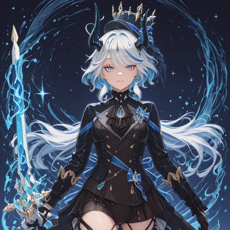 Sozinho, 1 menina, facing the viewer, Furina's hairstyle from "Genshin Impact", rosto de Furina de "Genshin Impact", olhos azuis, franja longa, anatomia perfeita, estudante, black horns of Reed de "arknights", Long black horns, fierce face, rosto provocant...
