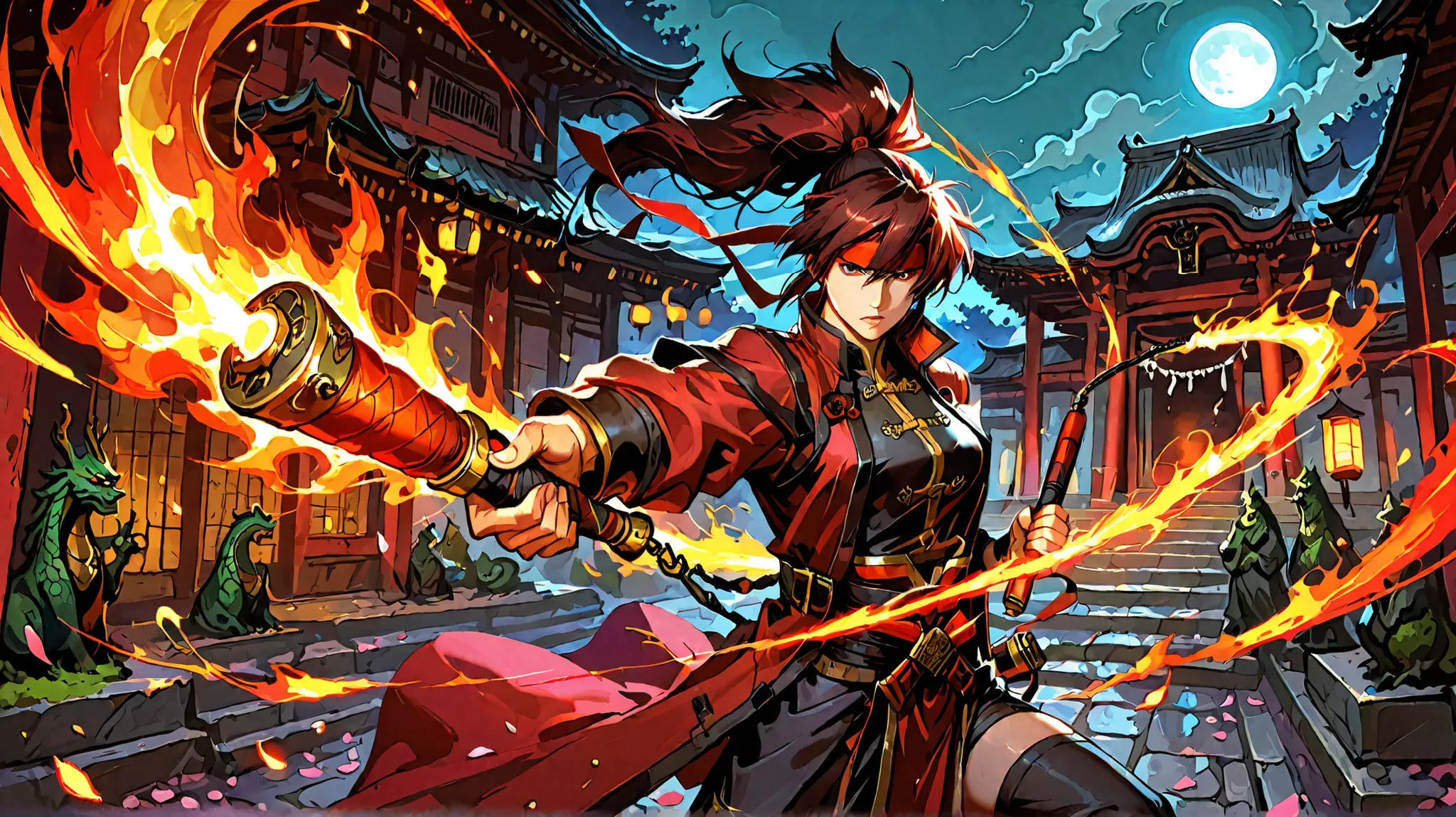 Epic anime-style battle scene set in an ancient, mist-covered Asian temple courtyard under a full moon. The temple is partially ruined, with broken dragon statues, moss-covered stone tiles, and flickering lanterns casting golden light. Sol Badguy stands on...