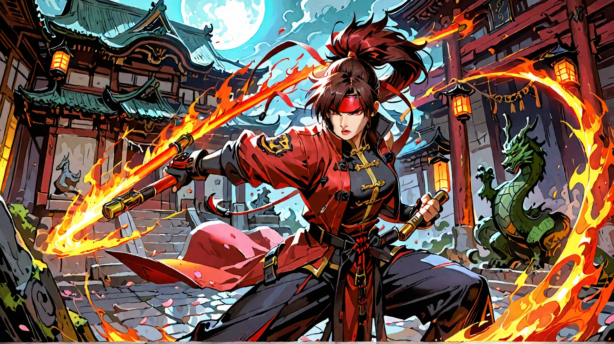 Epic anime-style battle scene set in an ancient, mist-covered Asian temple courtyard under a full moon. The temple is partially ruined, with broken dragon statues, moss-covered stone tiles, and flickering lanterns casting golden light. Sol Badguy stands on...