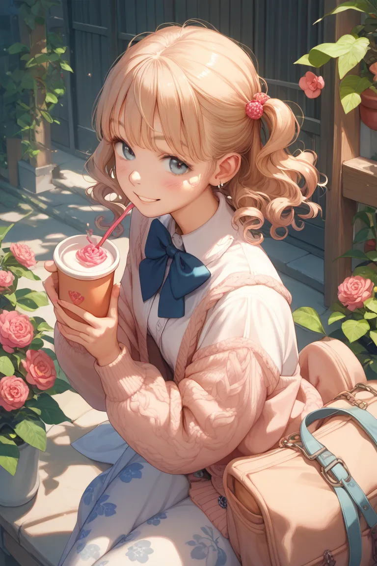 Highest Quality、Soft spring sunshine、Woman enjoying tea time on the terrace of a French cafe、smile、white sheer blouse and pink floral midi skirt、with loose, wavy hair、wearing a light cardigan on her shoulders、masterpiece