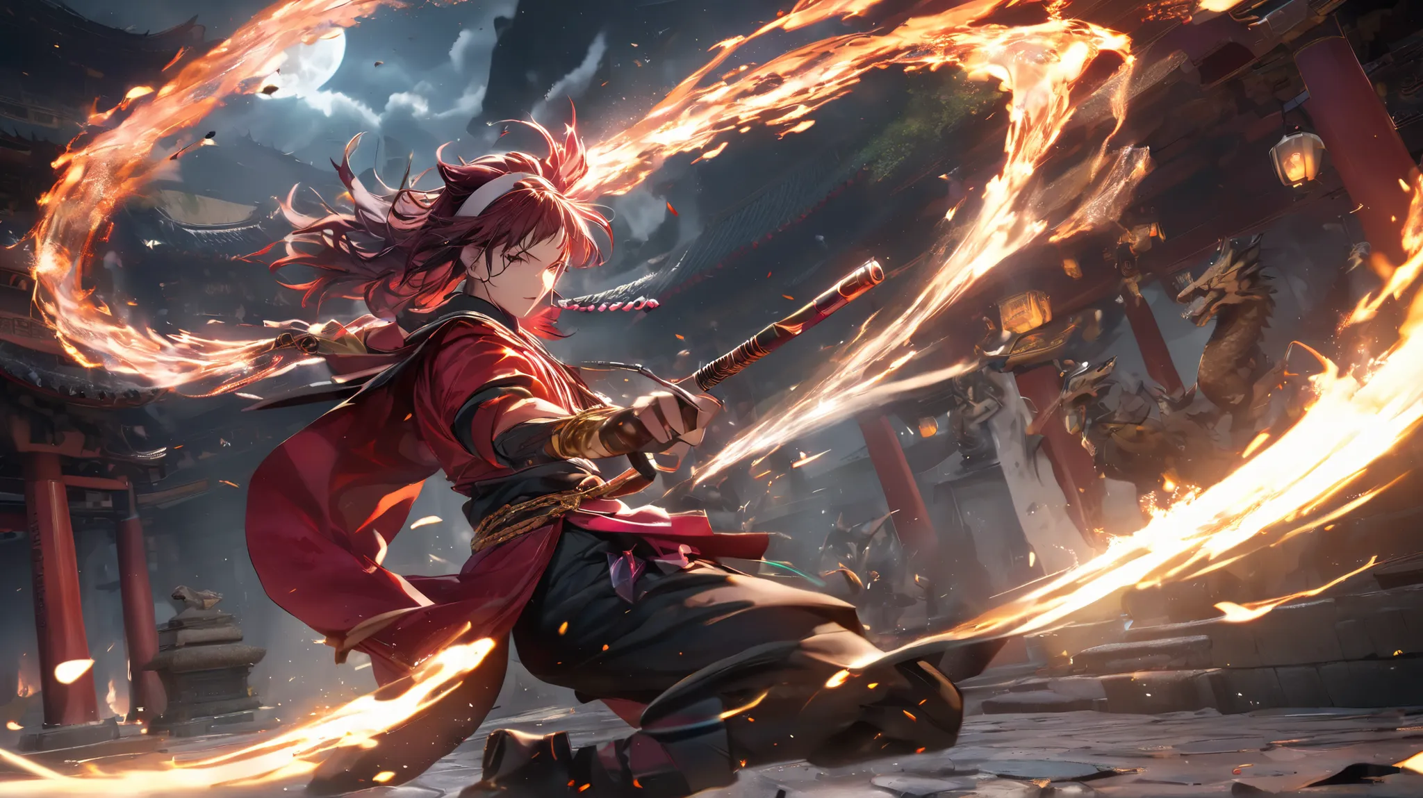 Epic battle scene set in an ancient, mist-covered Asian temple courtyard under a full moon. The temple is partially ruined, with broken dragon statues, moss-covered stone tiles, and flickering lanterns casting golden light. Sol Badguy stands on the left, w...