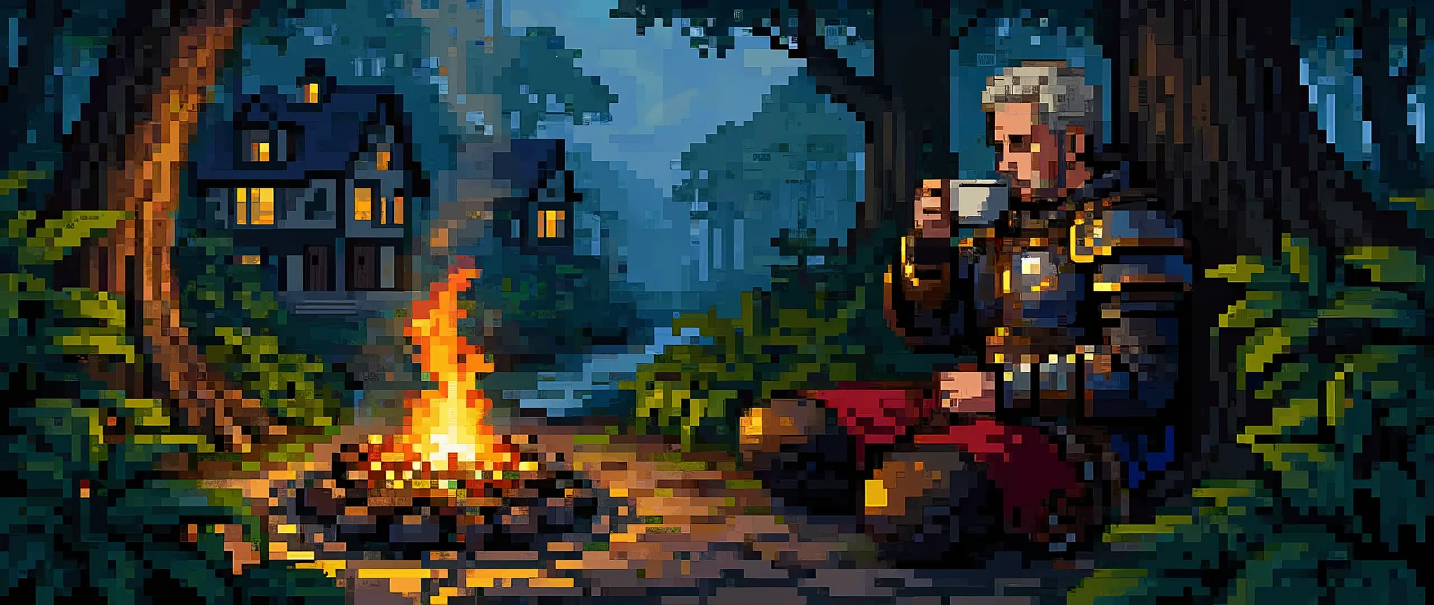 Warrior next to a bonfire drinking a cup of coffee, Cores tipo Ghibli, High resolution, super detalhado, atmospheric lighting, , cores quentes, practical, photopractical, Folhagem Detalhada, complex buildings , cobblestone street, charming country house,  ...