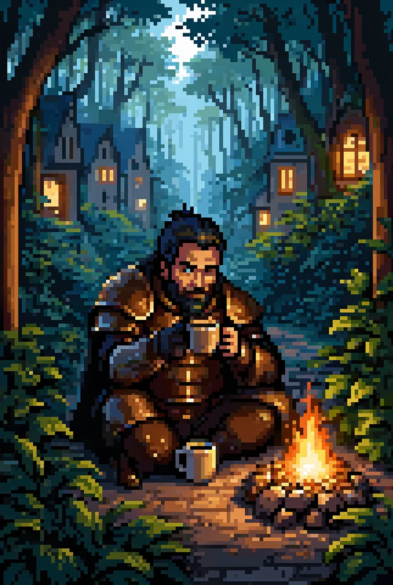 Warrior next to a bonfire drinking a cup of coffee, Cores tipo Ghibli, High resolution, super detalhado, atmospheric lighting, , cores quentes, practical, photopractical, Folhagem Detalhada, complex buildings , cobblestone street, charming country house,  ...