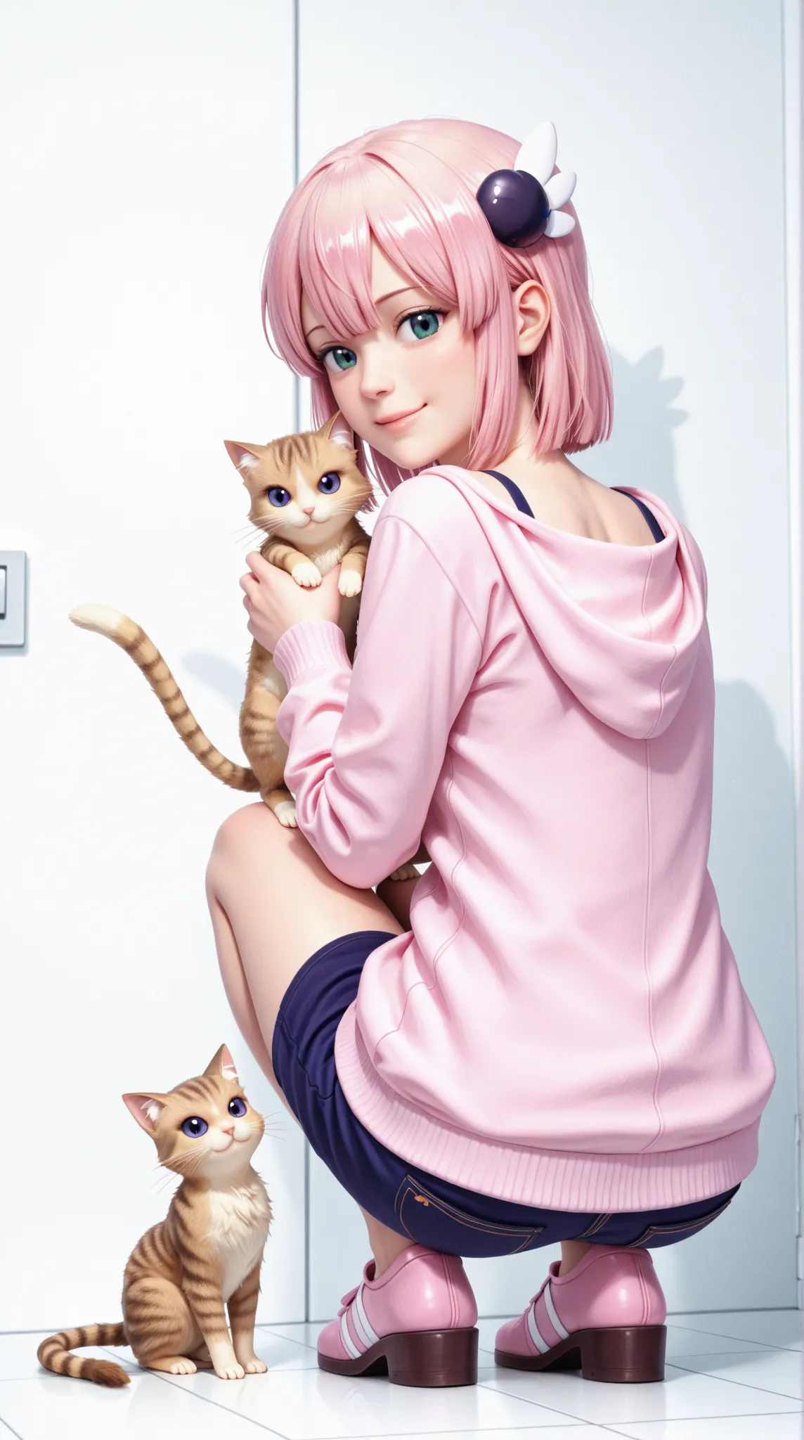 masterpiece、best quality、vivid、very aesthetic、high contrast、Realistic Portraits、8K, Detailed Faces、detailed texture、detailed skin、detailed eyes、looking back, looking at viewer, full body, soro, Girl holding a kitten, angly,smile, 1girl, chiyoda momo, machikado mazoku