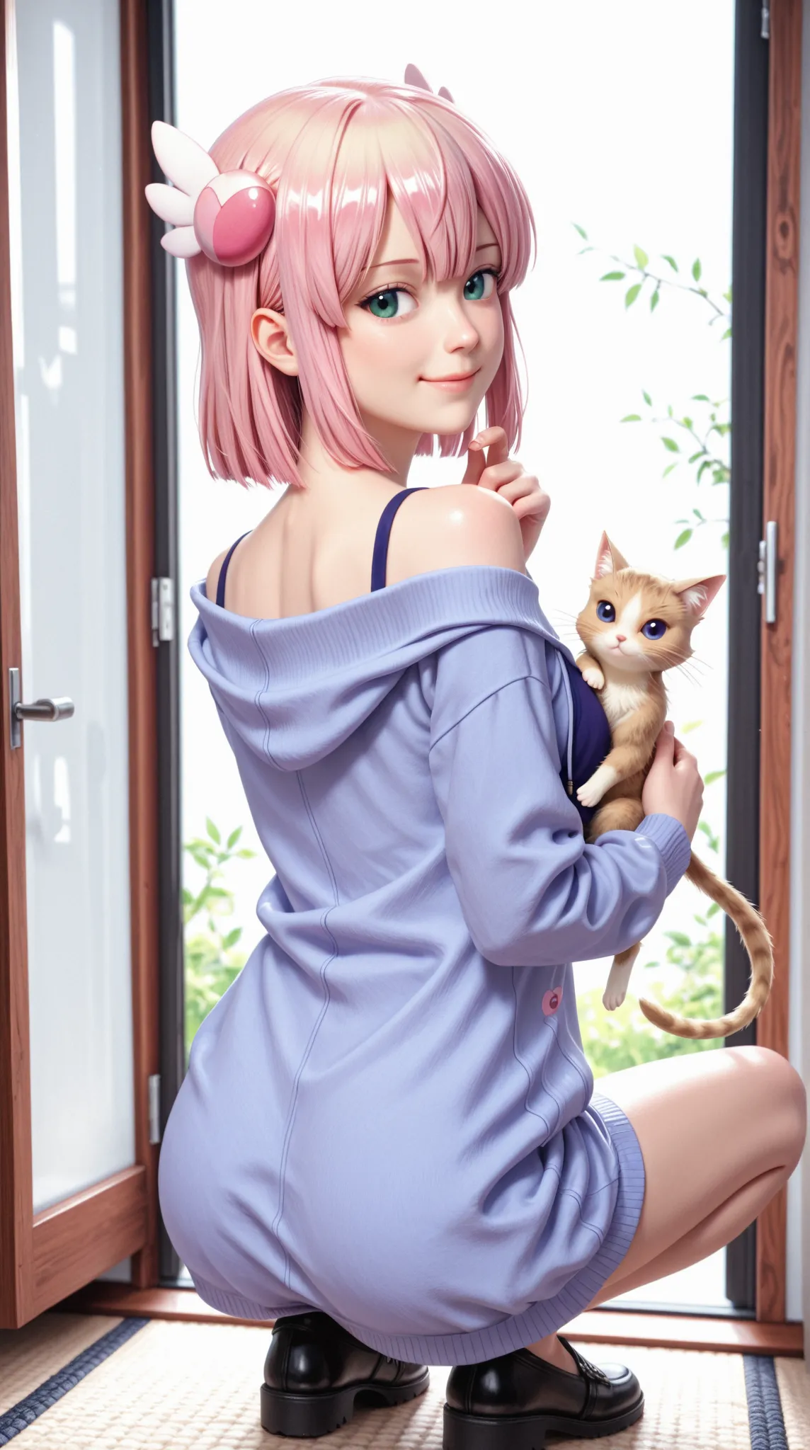 masterpiece、best quality、vivid、very aesthetic、high contrast、Realistic Portraits、8K, Detailed Faces、detailed texture、detailed skin、detailed eyes、looking back, looking at viewer, full body, soro, Girl holding a kitten, angly,smile, 1girl, chiyoda momo, machikado mazoku
