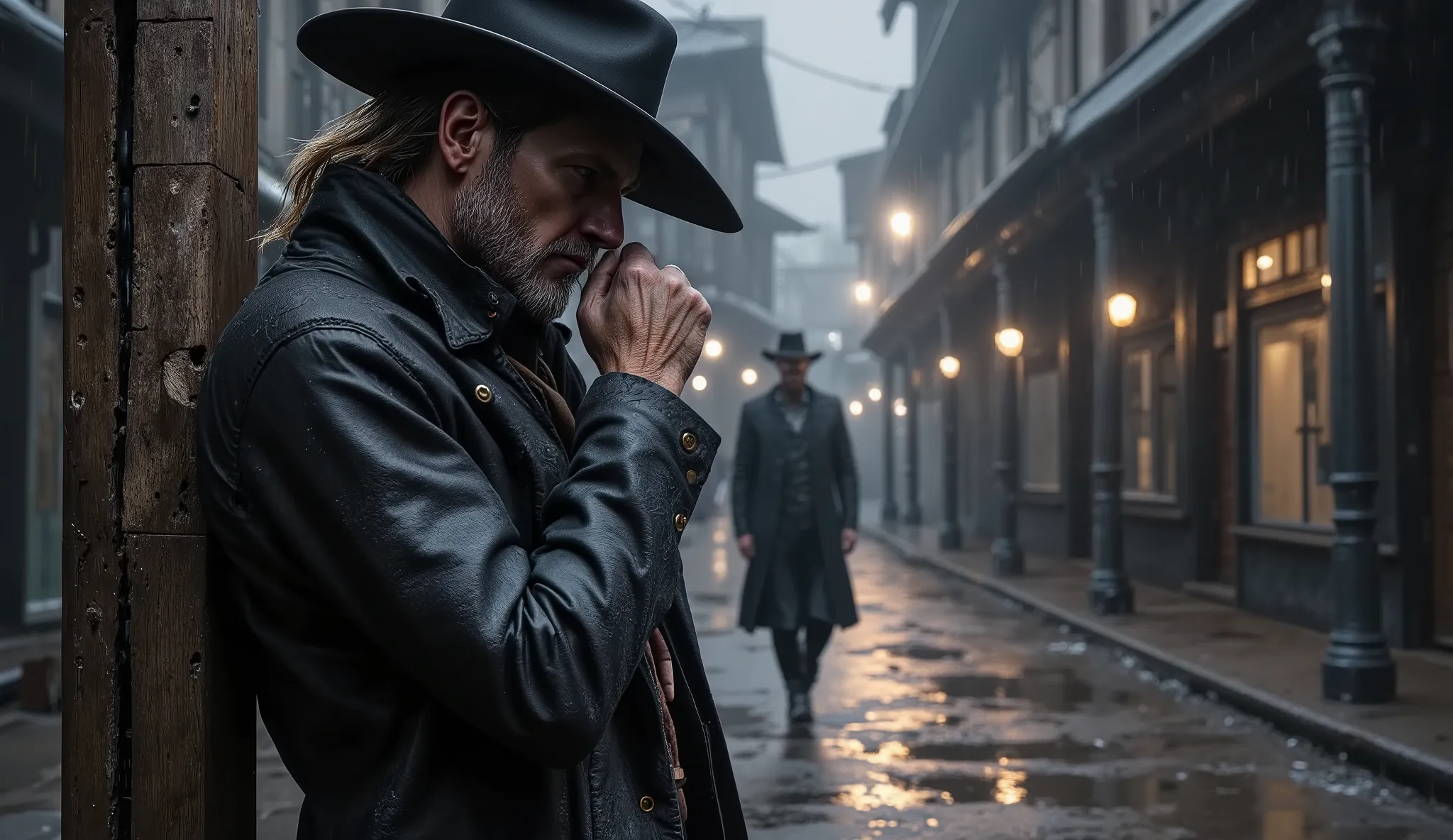 A hyperrealistic, cinematic low-angle shot in 16:9 aspect ratio captures a cowboy leaning against a wooden post, partially obscured by shadow, his eyes narrowed and fixed as he whispers under his breath, watching Jack Crowley pass by. His wide-brimmed hat ...