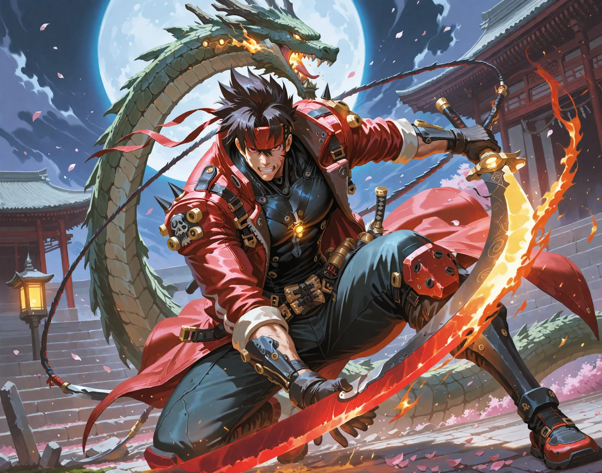 Epic anime-style battle scene set in an ancient, mist-covered Asian temple courtyard under a full moon. The temple is partially ruined, with broken dragon statues, moss-covered stone tiles, and flickering lanterns casting golden light. Sol Badguy stands on...