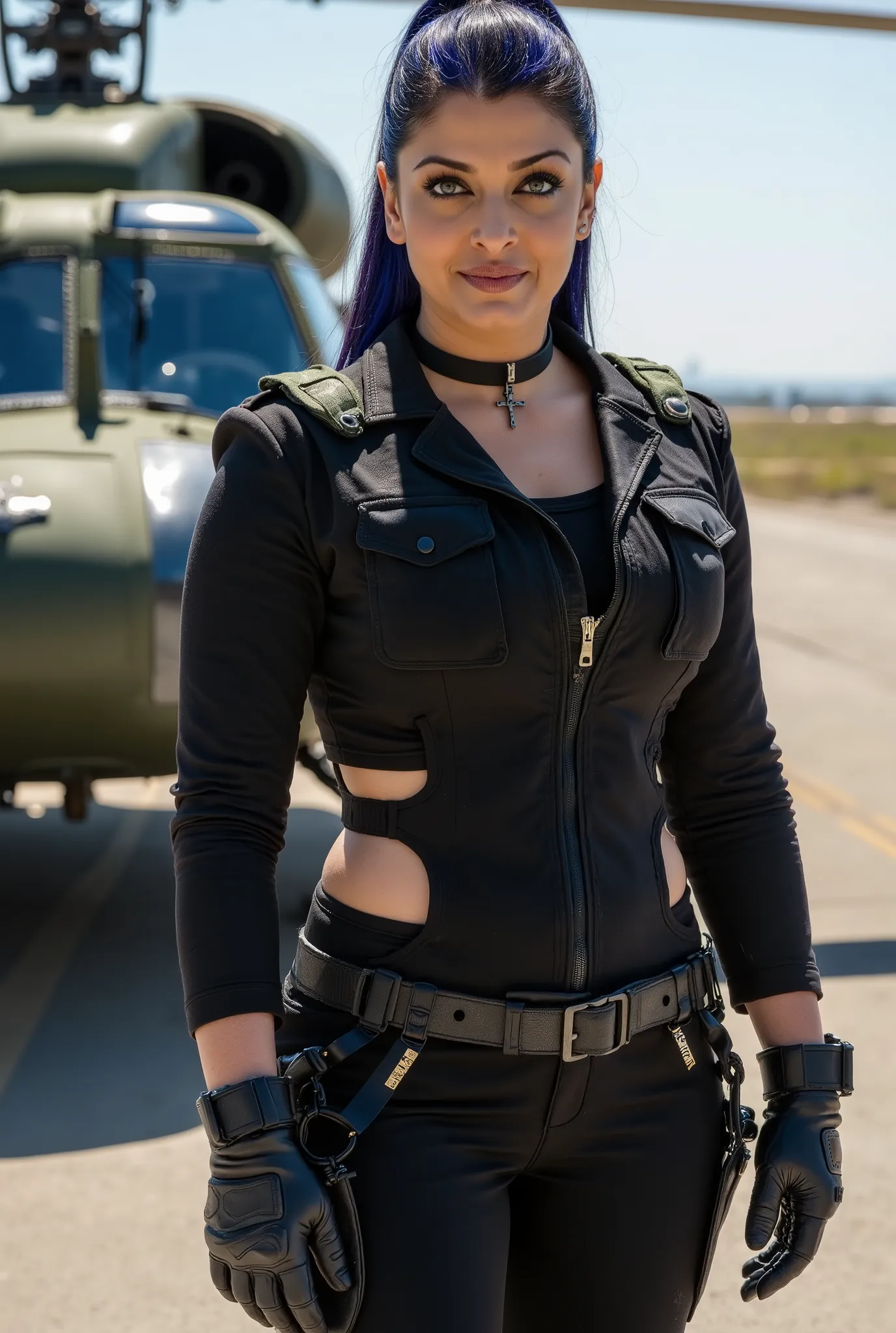 Full body photo of 50YO MATURE MILF AISHWARYA RAI as a SEXY ARMY MILF COMMANDO, WEARING FULL (((BLACK UNZIPPED SEXY COMMANDO GEAR EXPOSING BIG BREASTS WITH MASSIVE CLEAVAGE AND MID RIFF))), ((((DARK SMOKY EYE MAKEUP WITH ARCHED EYEBROWS AND JESUS CROSS CHO...