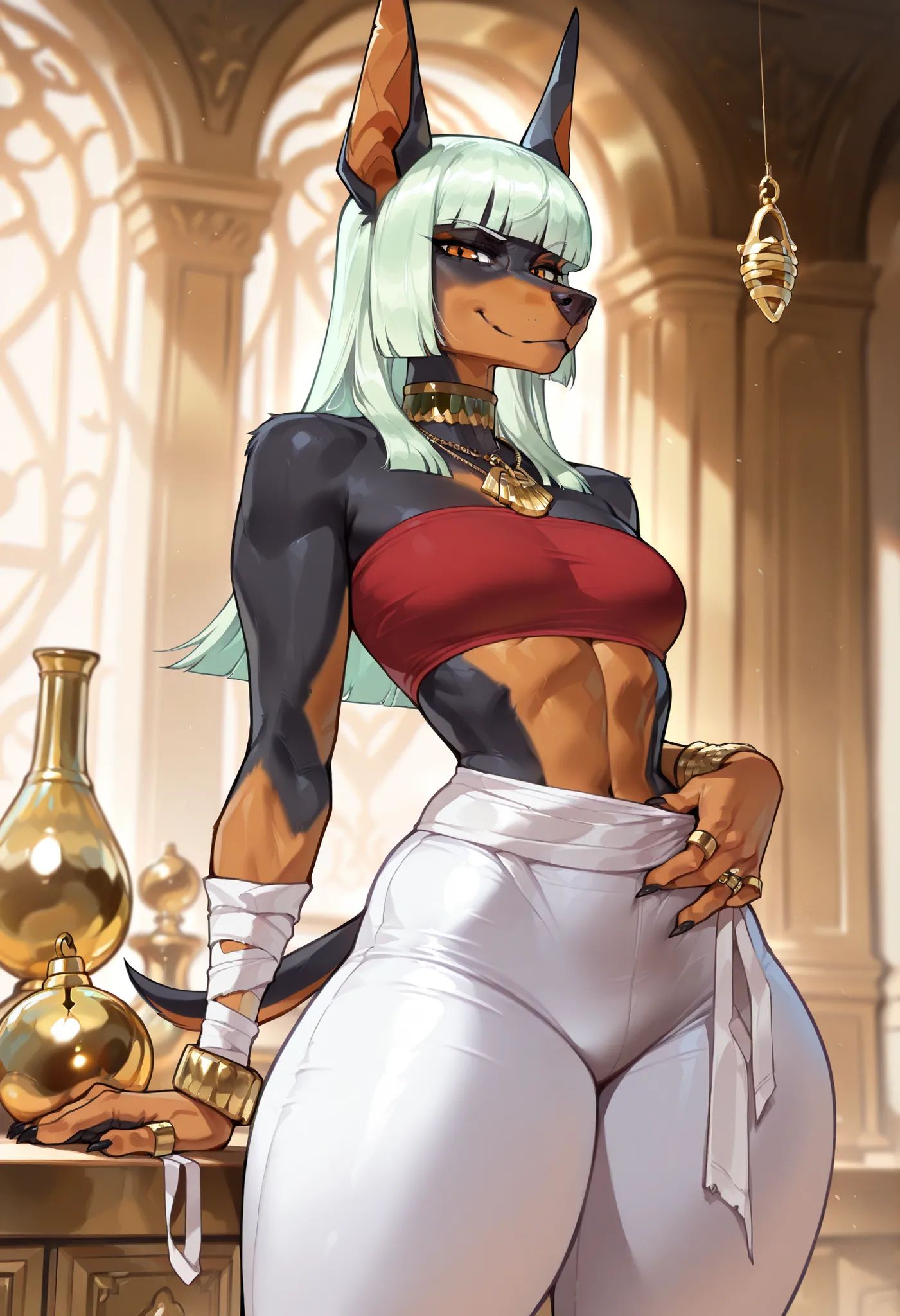 best quality, masterpiece \(quality\), year2024, year2023, 1girl, by trinity-fate62, by riolutiny, L0LSPL4SH, solo, ((doberman, anthro)), ((mature female)), small breasts, ((long snout)), (short tail), ((long light green hair, hime cut, blunt bangs)), (blu...