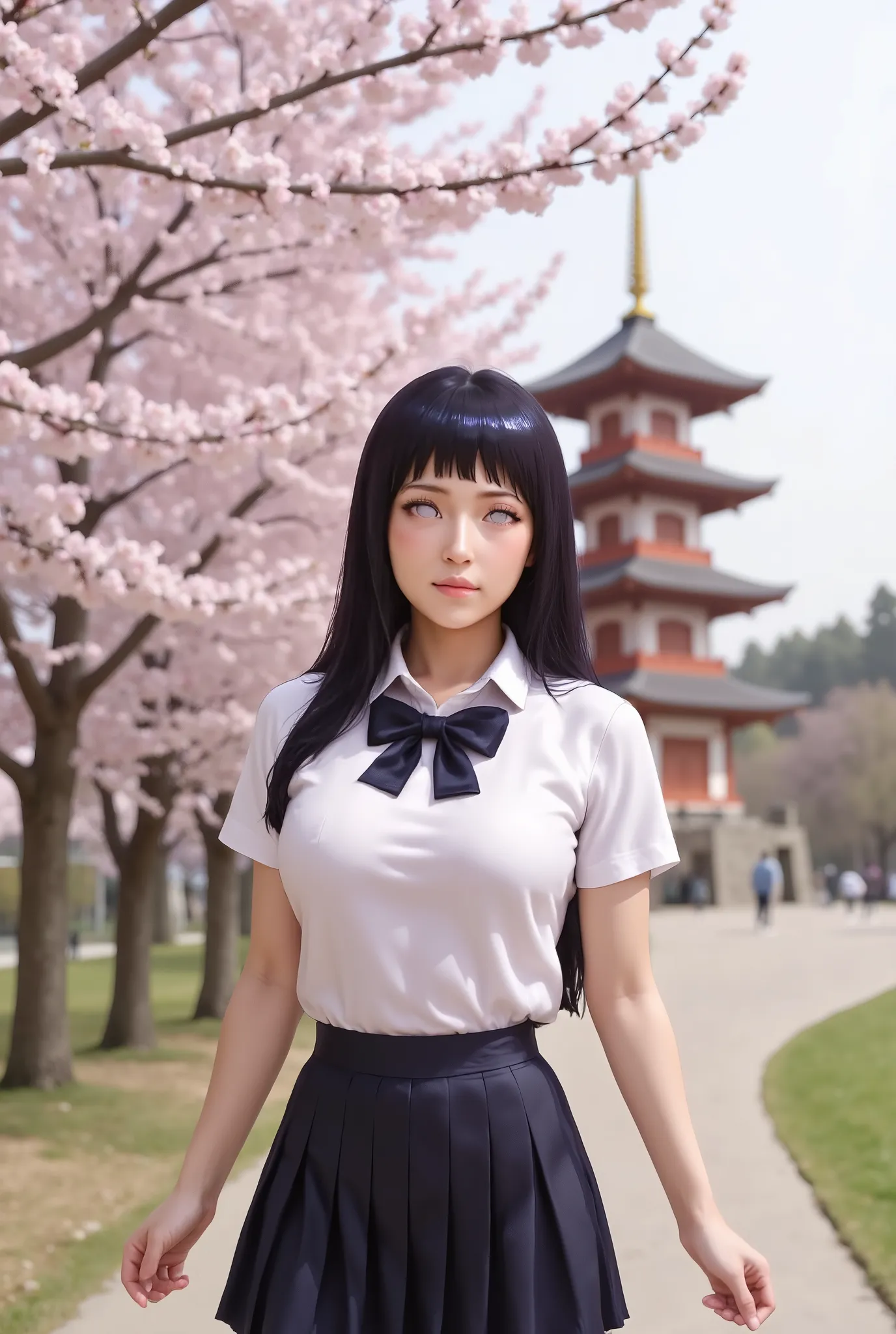 hinata skirt, detailed beautifull girl, beautiful face, long dark hair, cute expression, standing pose, school uniform skirt, pleated skirt, detailed environment, sakura trees, pagoda in background, soft lighting, warm colors, d, masterpiece, 8k, ultra-det...
