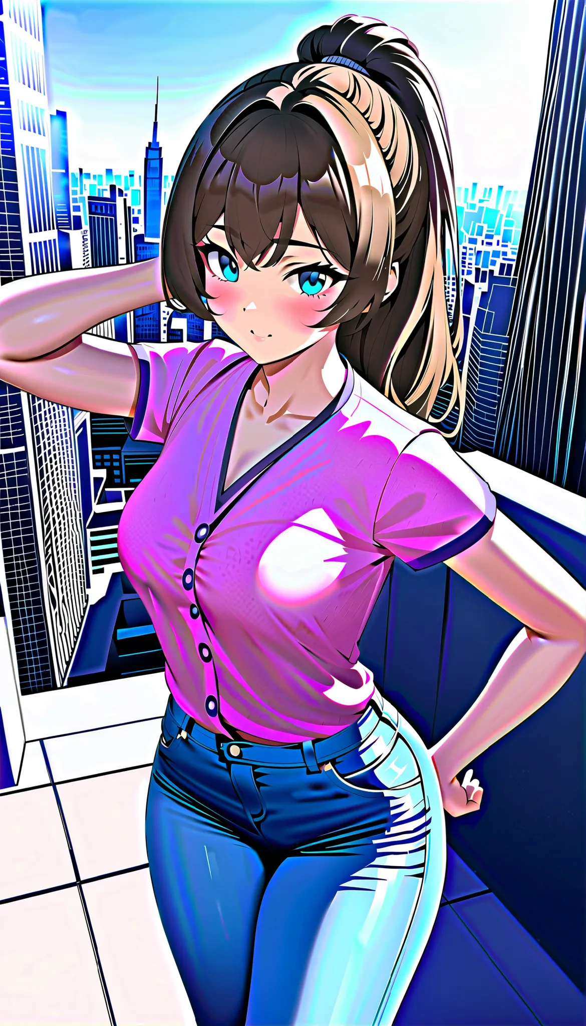 ((RAW Photo), Absurds, (Absurd Resolution)), ((Hyperrealism, Photorealistic)), beautiful woman 21 years old, (very beautiful brunette), (brown hair, ponytail), (Her beauty is legendary, You sigh when you see her), (blue eyes), (outfit: 70s, tight jeans, pi...