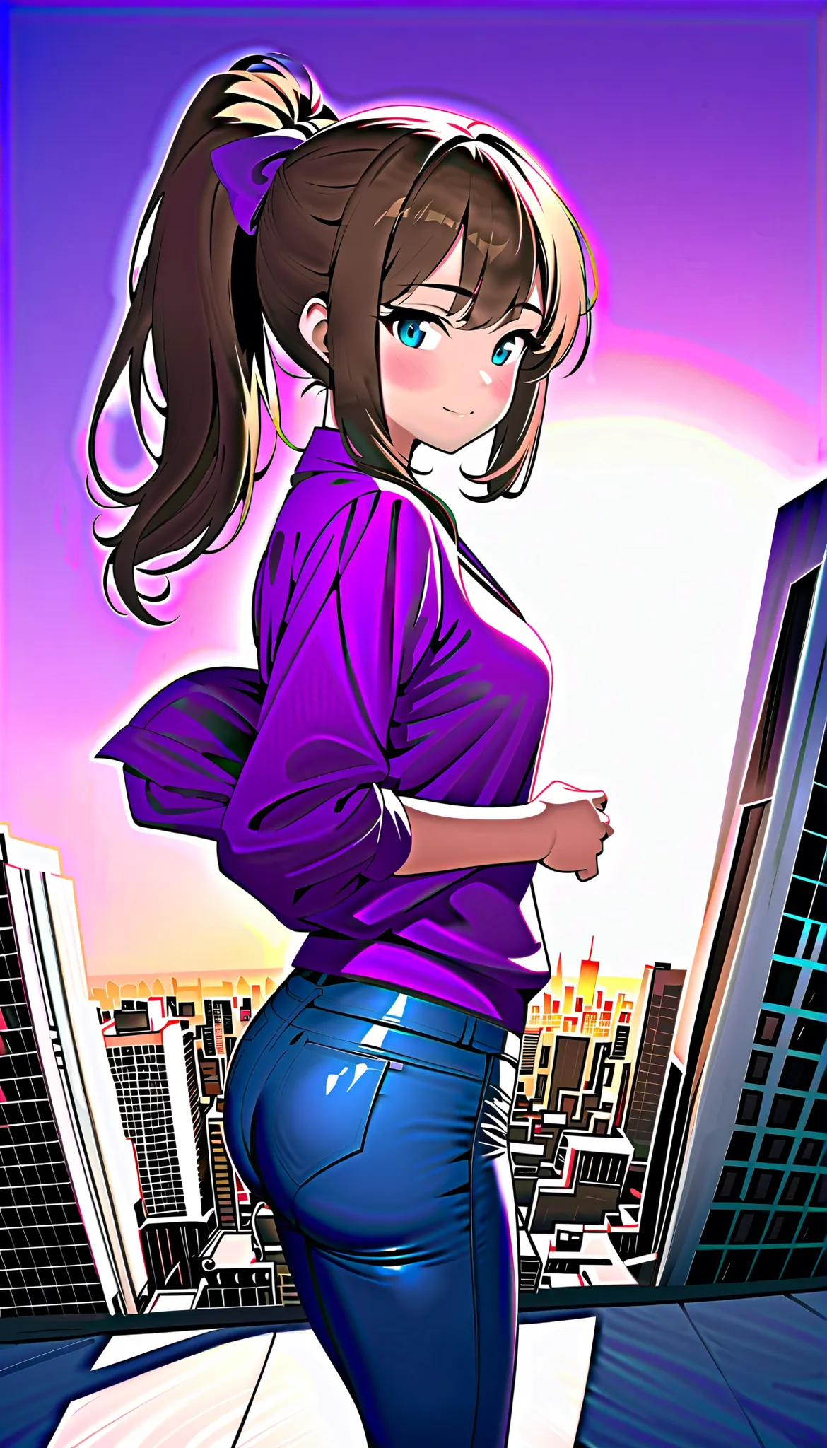 ((RAW Photo), Absurds, (Absurd Resolution)), ((Hyperrealism, Photorealistic)), beautiful woman 21 years old, (very beautiful brunette), (brown hair, ponytail), (Her beauty is legendary, You sigh when you see her), (blue eyes), (outfit: 70s, tight jeans, pi...