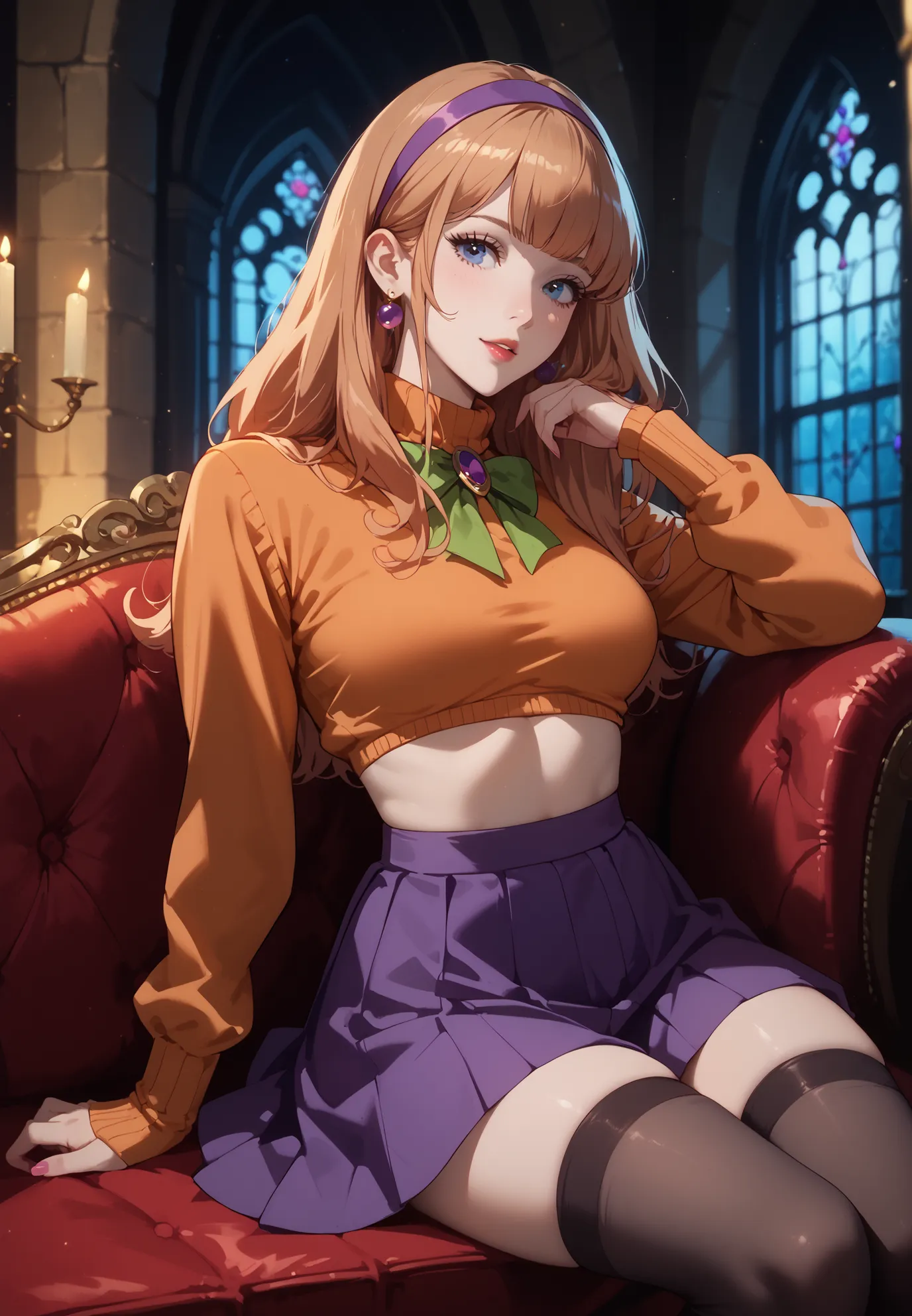 1girl, solo,Daphne Blake, Scooby-Doo, crop top, skirt, thigh highs, naturally sagging medium breasts, sitting on a sofa, haunted medieval mansion,night time,sexy pose,alluring atmosphere,cinematic lighting,masterpiece,top quality,warm color,high resolution...