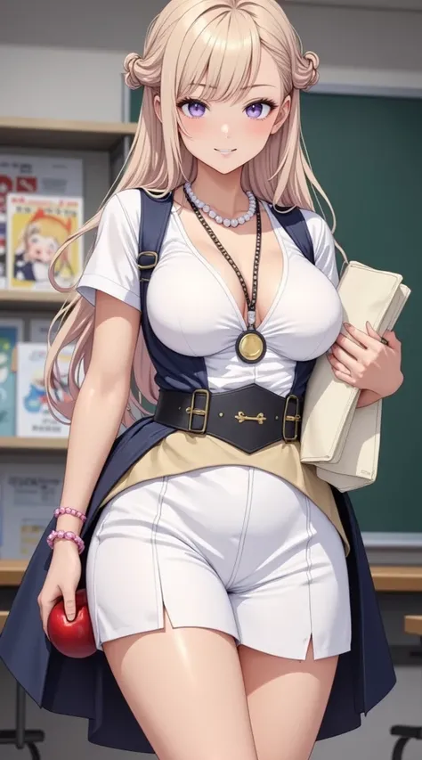  (masterpiece,  computer, mejor quality,  Clear focus, shadow, anime style, ultra high resolution, 8K, Perfect Anatomy, rostro perfecto, (detailed face), (  Detailed eye  ), score_9, score_8_up, score_7_up, score_6_up, score_5_up, score_4_up,  source _Animated, Label 1, Label2, quality_masterpiece, Anatómicamente correcto, beautiful face, rostro perfecto, Beautiful and highly detailed face and eyes, Attractive face, detailed face, Delicate facial features, detailed leather, Huge Breasts, breast size cup D or DD, wide hips, gigantic butt, thick thighs. anime-style illustration of a beautiful woman with an elegant and sensual teacher-style look,  long light blonde hair,  violet eyes and glasses . Wear a tight white blouse with a neckline, short white skirt and beige belt, with black straps type harness. She wears a dark blue jacket loose at the back, a pearl necklace, pink bracelet and a badge hanging around her neck. Holds a big red apple and notebooks with illustrations. School background with a blackboard, desks and shelves full of figures and drawings of anime characters. Detailed digital anime style, with soft lighting and charming expressiveness, school atmosphere with cute touch.