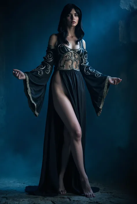 close up portrait, mysterious seductive girl in dark room with blue light, she is dressed in a flowing black silk dress with a hood, the dress has a deep neckline and cutouts along the sides, the dress has silver swirling branching patterns around the shou...