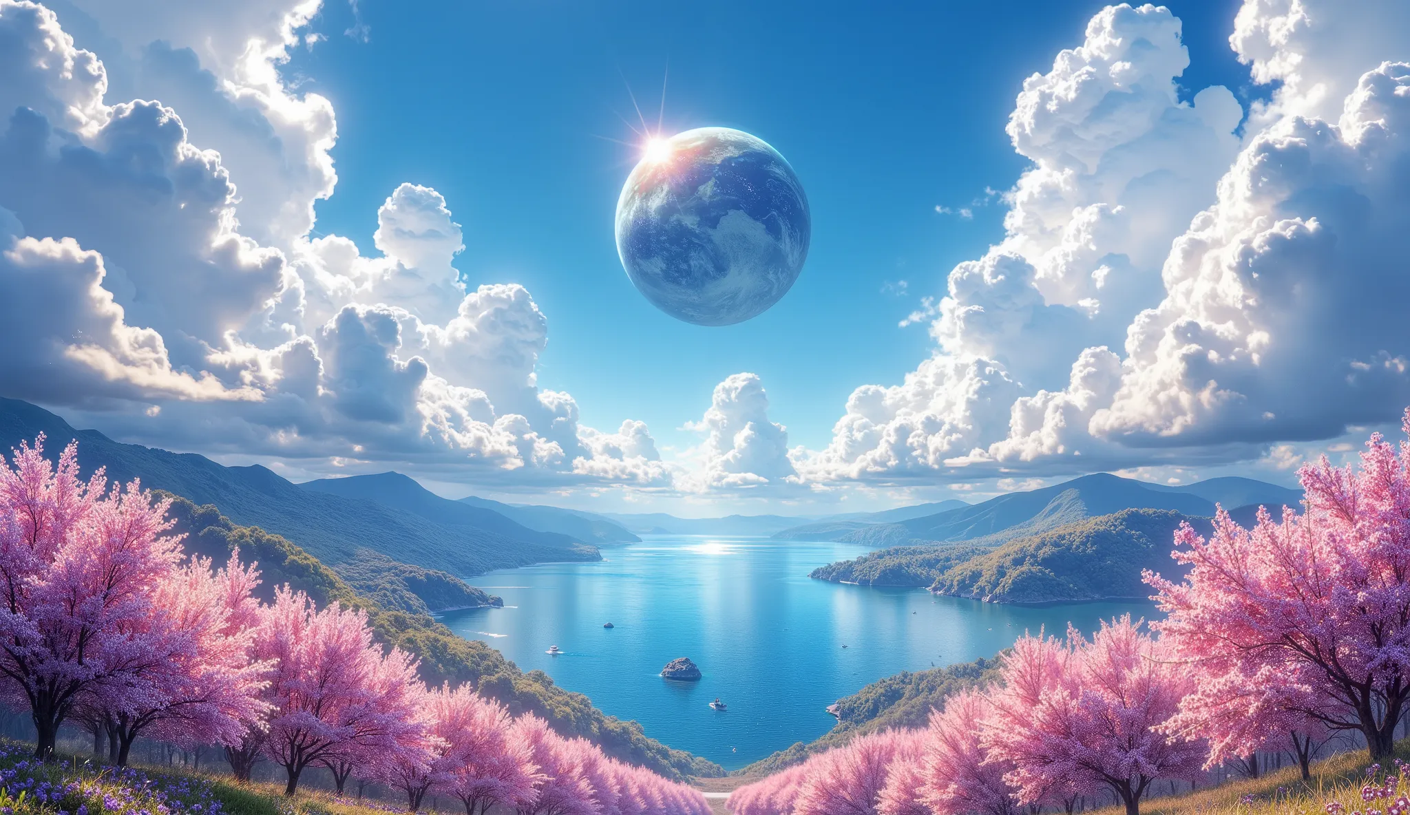 masterpiece, a very beautiful dimensional portal, A large ocean, a large cherry blossom forest, many clouds everywhere, a planet in the sky and stars, un portal dimensional muy detailed, beautiful cherry blossom forest of stunning color, clouds all over th...