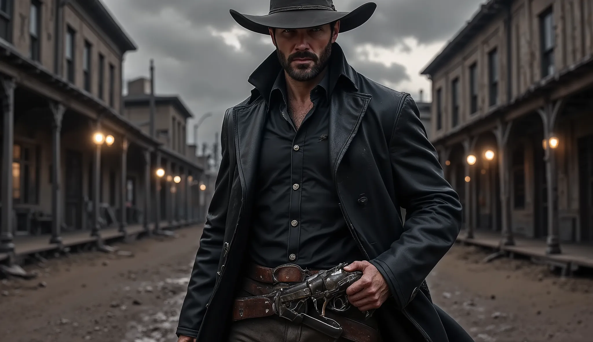 (1 Man) portrait of handsome man (stoic)), (Black hair), (rugged face and stubble, stoic expression), (Firm jaw, (Blue eyes), (Strong face,): 1,2, (wearing dark leather overcoat, buttoned shirt, wide-brimmed cowboy hat casting a shadow over intense eyes, f...