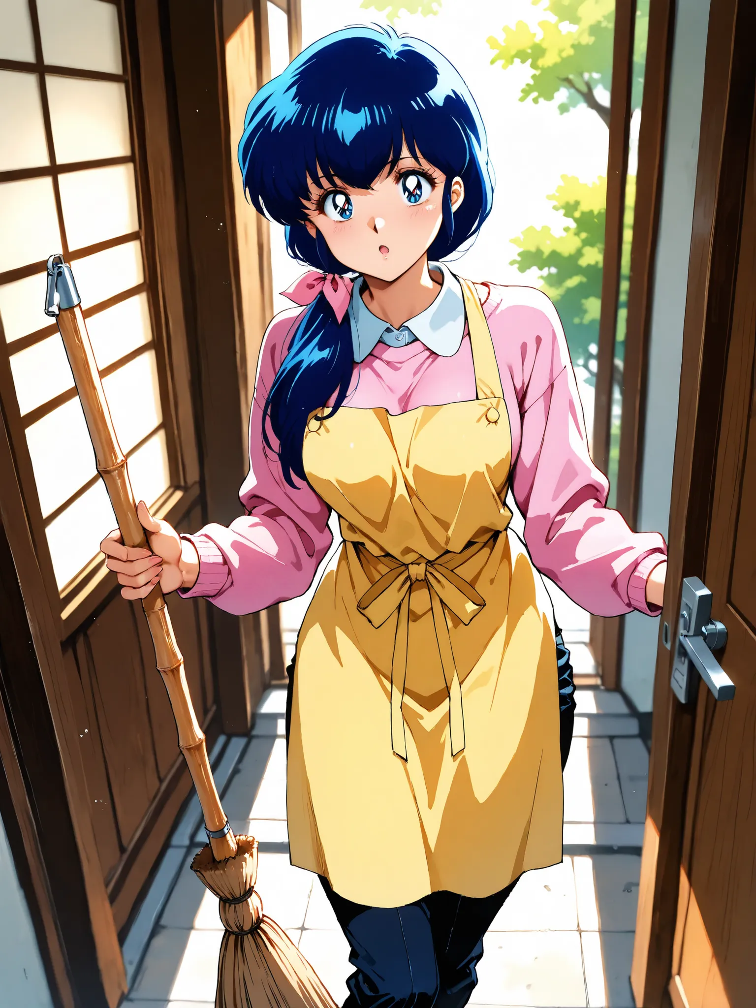 Illustration in 300+ DPI², hyperdetailed, intricate microscopic details, perspective, masterpiece, best quality, 8K resolution, 80's anime: Maison Ikkoku, Kyoko Otonashi, young Japanese woman, long hair, dark black-blue hair tied back with a pink ribbon, l...