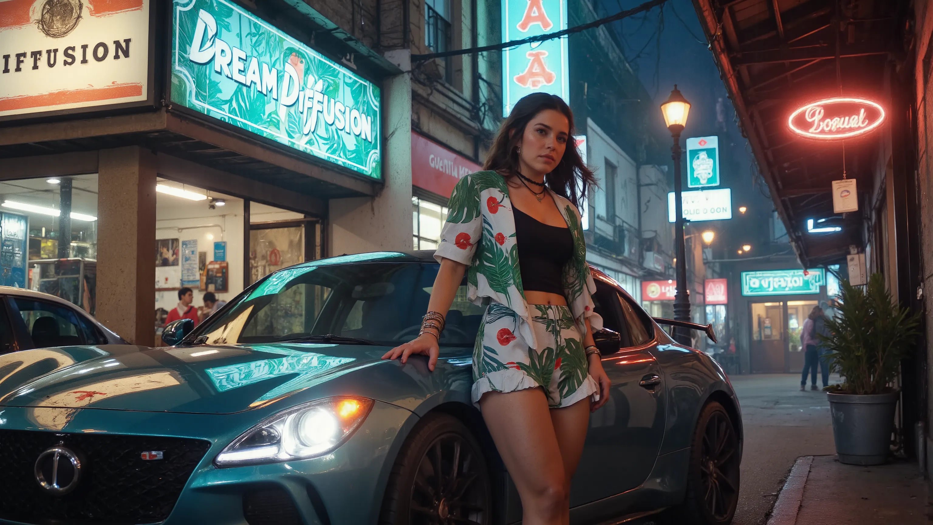 A photo of a young woman standing in a western futuristic city, posing, leaning on a futuristic sports car (the car's brand name is "Dream Diffusion" and the car's model name is "Anime"), at night. She wears a futuristic outfit (adorned with intricate neon...