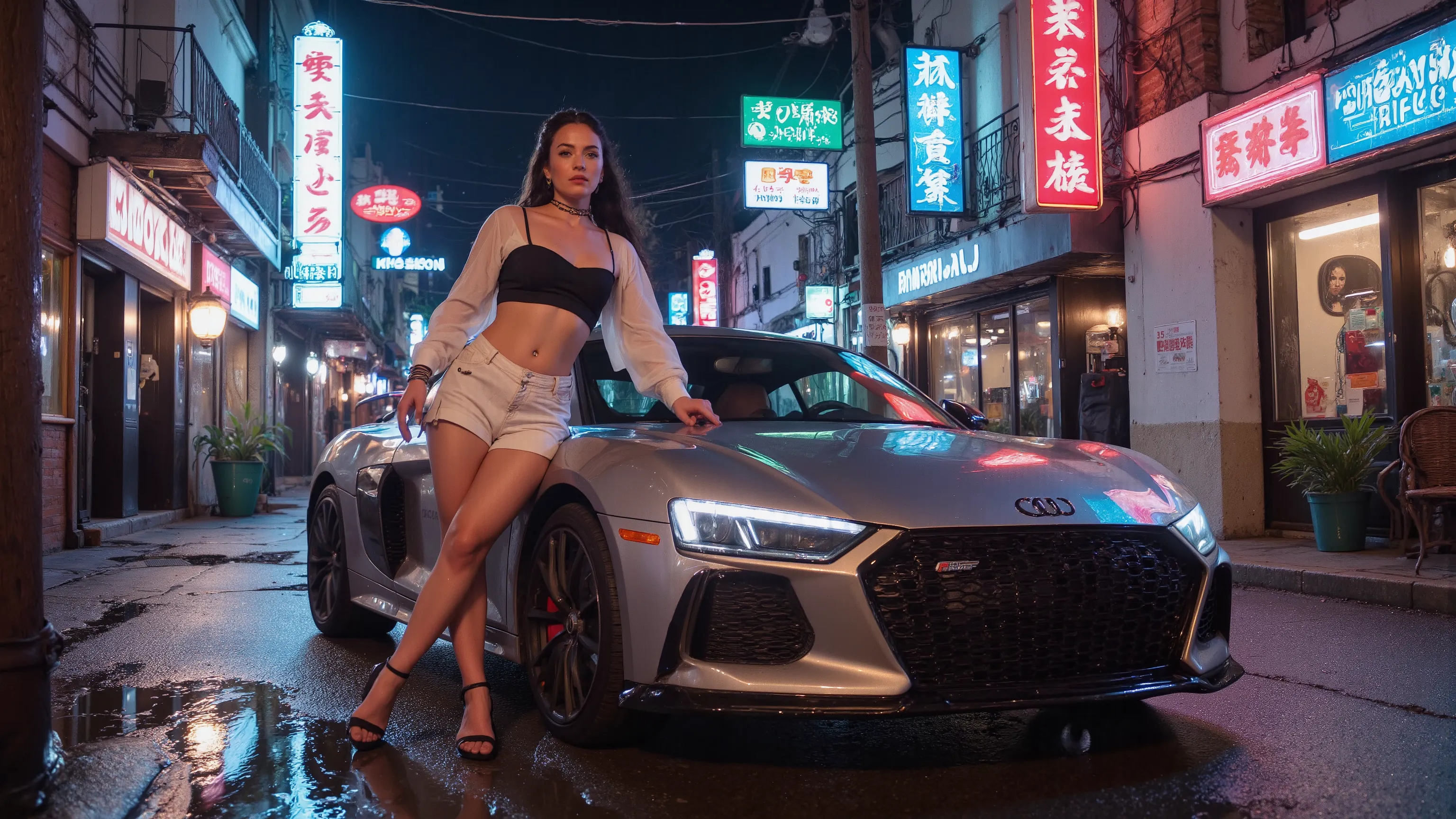A photo of a young woman standing in a western futuristic city, posing, leaning on a futuristic sports car (the car's brand name is "Dream Diffusion" and the car's model name is "Anime"), at night. She wears a futuristic outfit (adorned with intricate neon...