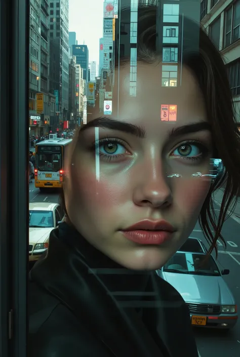 Closeup Girl、Street in the City、Girl through a Window、Realistic Scene Reflected in Glass,