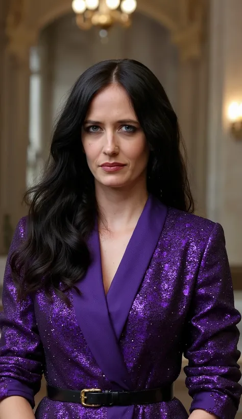 Eva Green wearing an epic purple smoking jacket outfit in the background of an epic house by Xman
