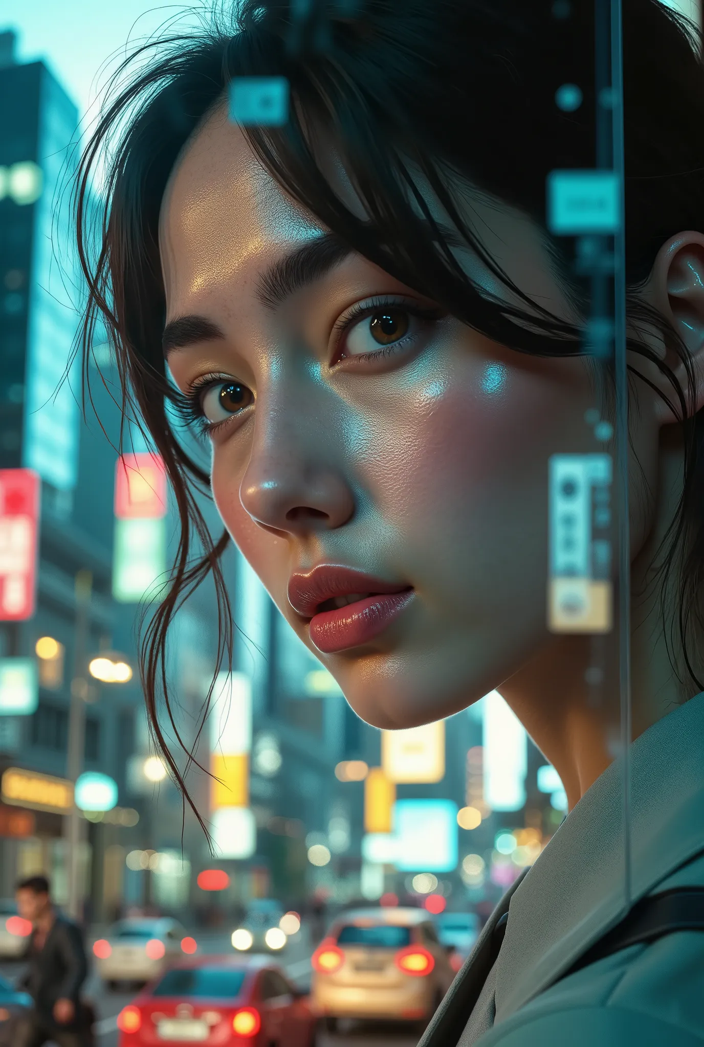 Closeup Girl、Street in the City、Girl through a Window、Realistic Scene Reflected in Glass