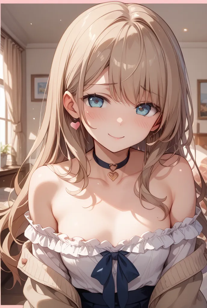 very detailed、masterpiece、after being played in high definition、sharp focus、matte texture、delicate、light brown hair、tie hair、short、underwear、前かがみ、Loose chest、delicate、Chest shadows、Soft Lines、 small heart with a written pink border around 、off-shoulder、hands are behind、embarrassing expression、long hair、 iris