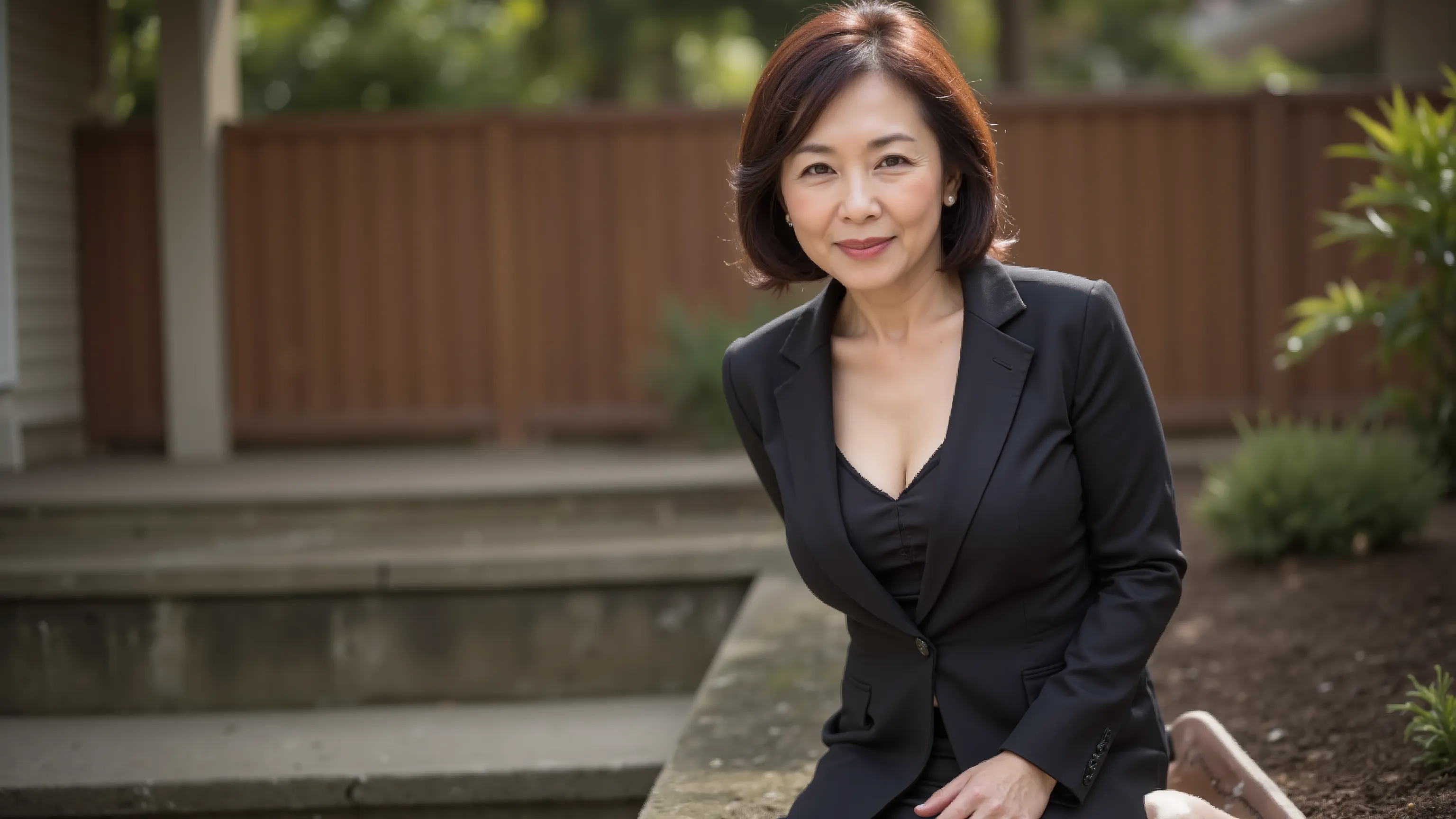 ６0 year old middle-aged woman、business suit、the focus is on a woman's eyes。((最high image quality、8k、masterpiece: 1.3))、realistic、Sharp Focus、high image quality、high definition、portrait、solo、Japan、clothes that show cleavage、Plump、Wave Hair、 wrinkles on the ...