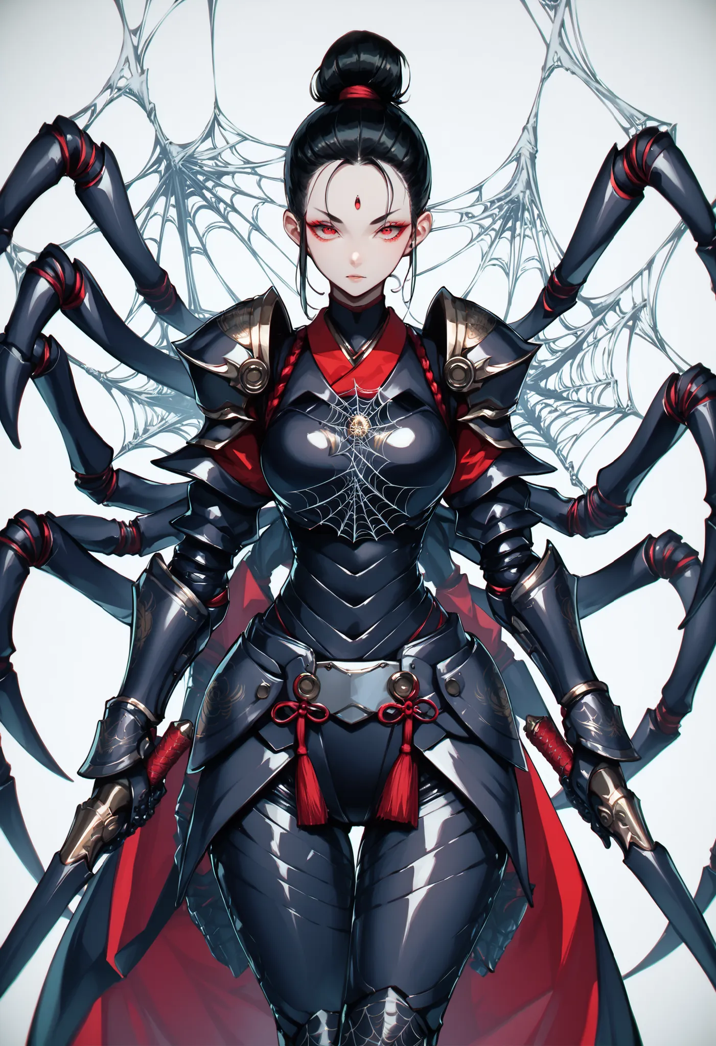 Samurai Girl. Forehead guard. Black hair. Tied back hair. Red eyes. Multiple eyes. Japanese armor. Multiple arms. Dual wielding. Spider web costume. Insect legs. Spider-fused armor. Biological armor.