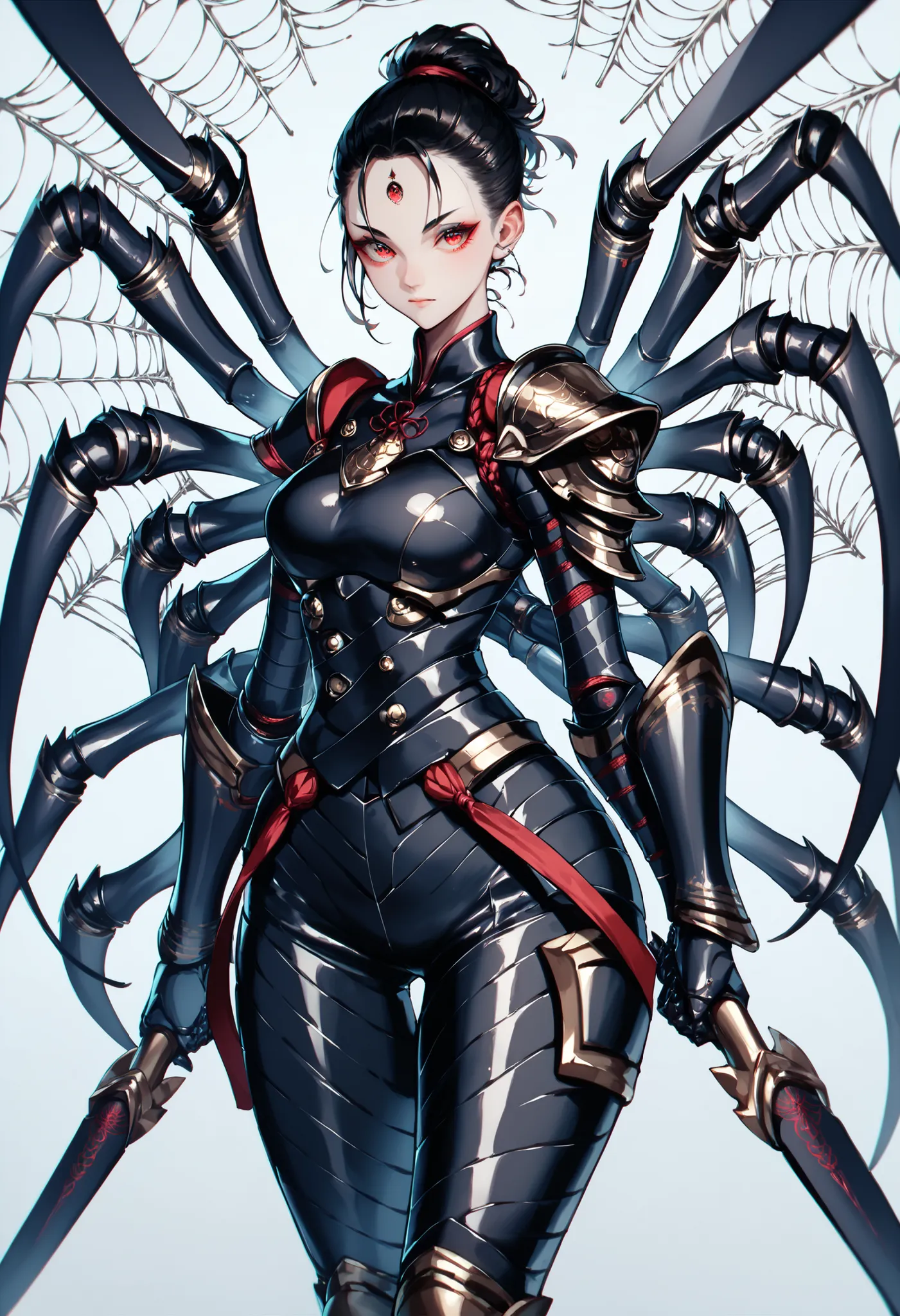 Samurai Girl. Forehead guard. Black hair. Tied back hair. Red eyes. Multiple eyes. Japanese armor. Multiple arms. Dual wielding. Spider web costume. Insect legs. Spider-fused armor. Biological armor.