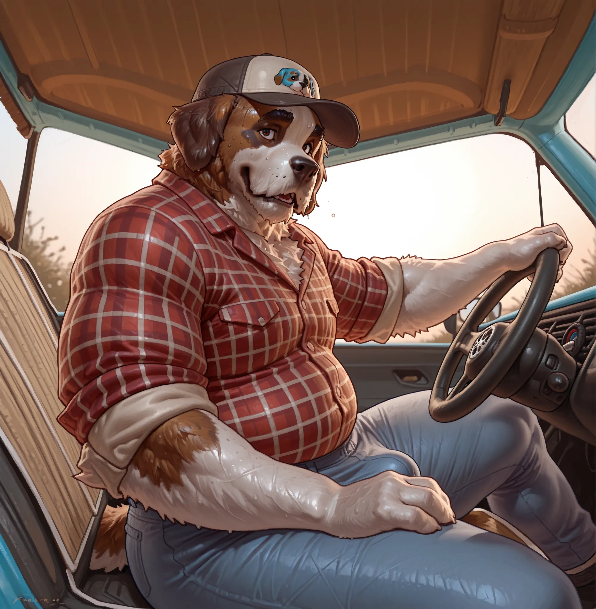 Taran Fiddler , ((A sweet old anthro Saint Bernard dog sits in his pickup truck.)) 3/4 view , solo , Saint Bernard dog , canine , male , older male , mature male , elderly male , wrinkles , jowls , bushy eyebrows , hairy , chubby, sweating , panting , wide...