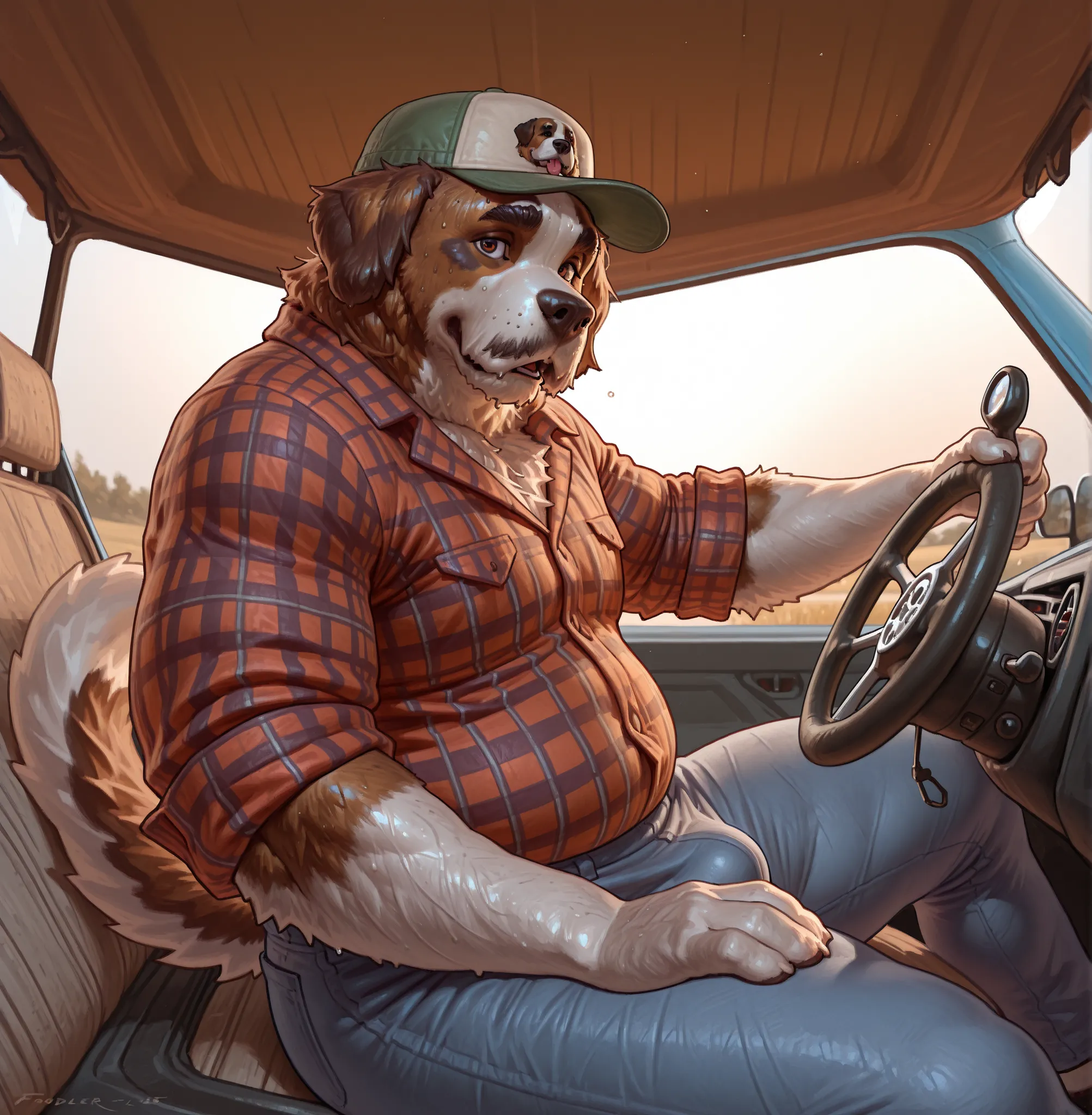 Taran Fiddler , ((A sweet old anthro Saint Bernard dog sits in his pickup truck.)) 3/4 view , solo , Saint Bernard dog , canine , male , older male , mature male , elderly male , wrinkles , jowls , bushy eyebrows , hairy , chubby, sweating , panting , wide...