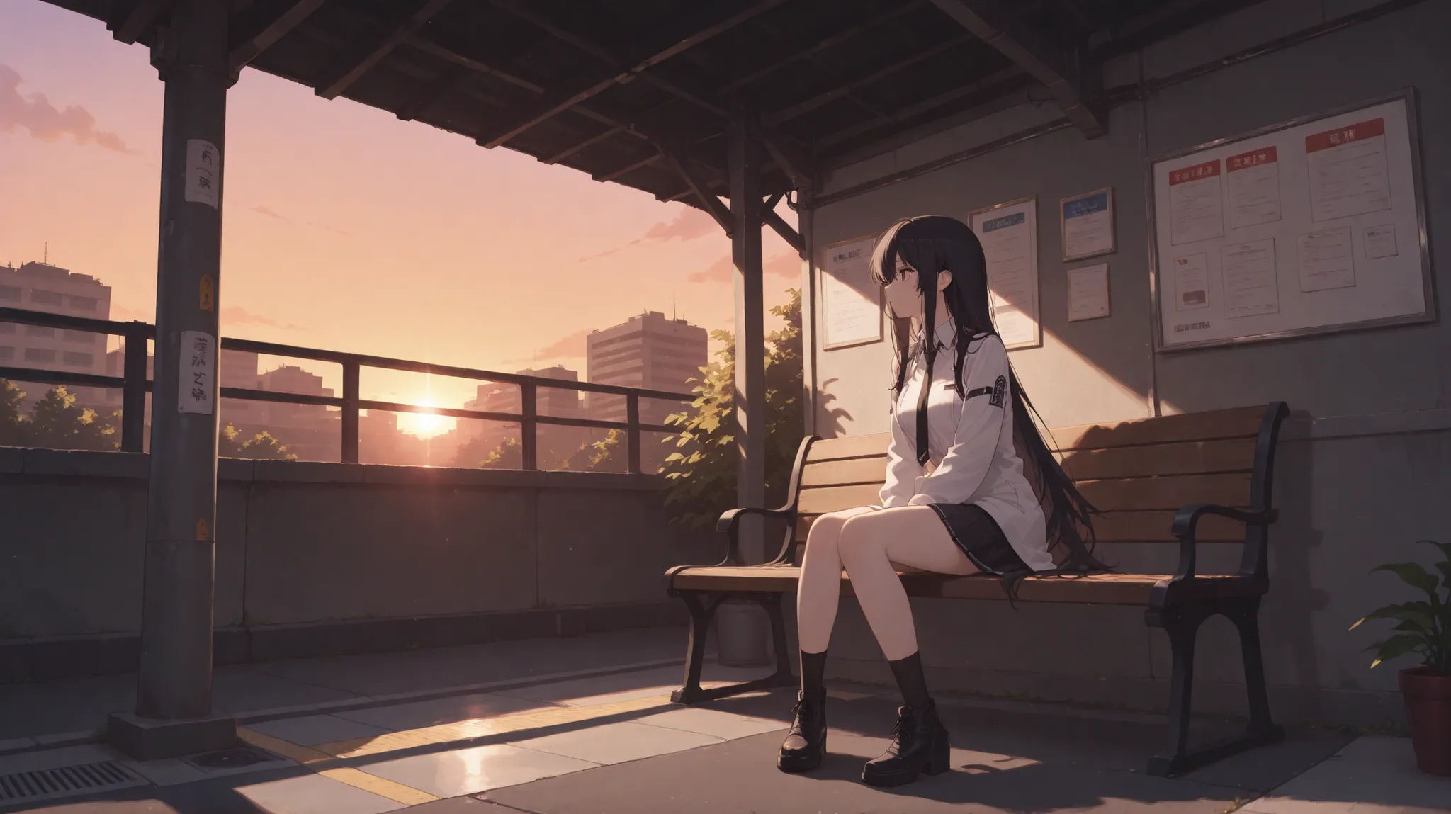 masterpiece,ultra detailed,female、black hair、long hair、Station Platform、bench in a slightly deformed state、evening、anime style