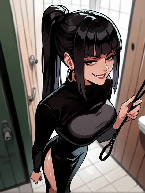 score_9, score_8_up, score_7_up, score_6_up, score_5_up, score_4_up,
BREAK
1girl, black hair, hime cut, blunt bangs, straight hair, black eyes, long eyelashes, hoop earrings, half-closed eyes, smirk, small smile, detailed face, 
BREAK
solo, from above, black dress, large breasts, side slit, handbag, Tying hair in a ponytail, tying ponytail,
BREAK
nightclub public toilets, toilet cabin, blurry background, depth of field, dark, shiny skin, 