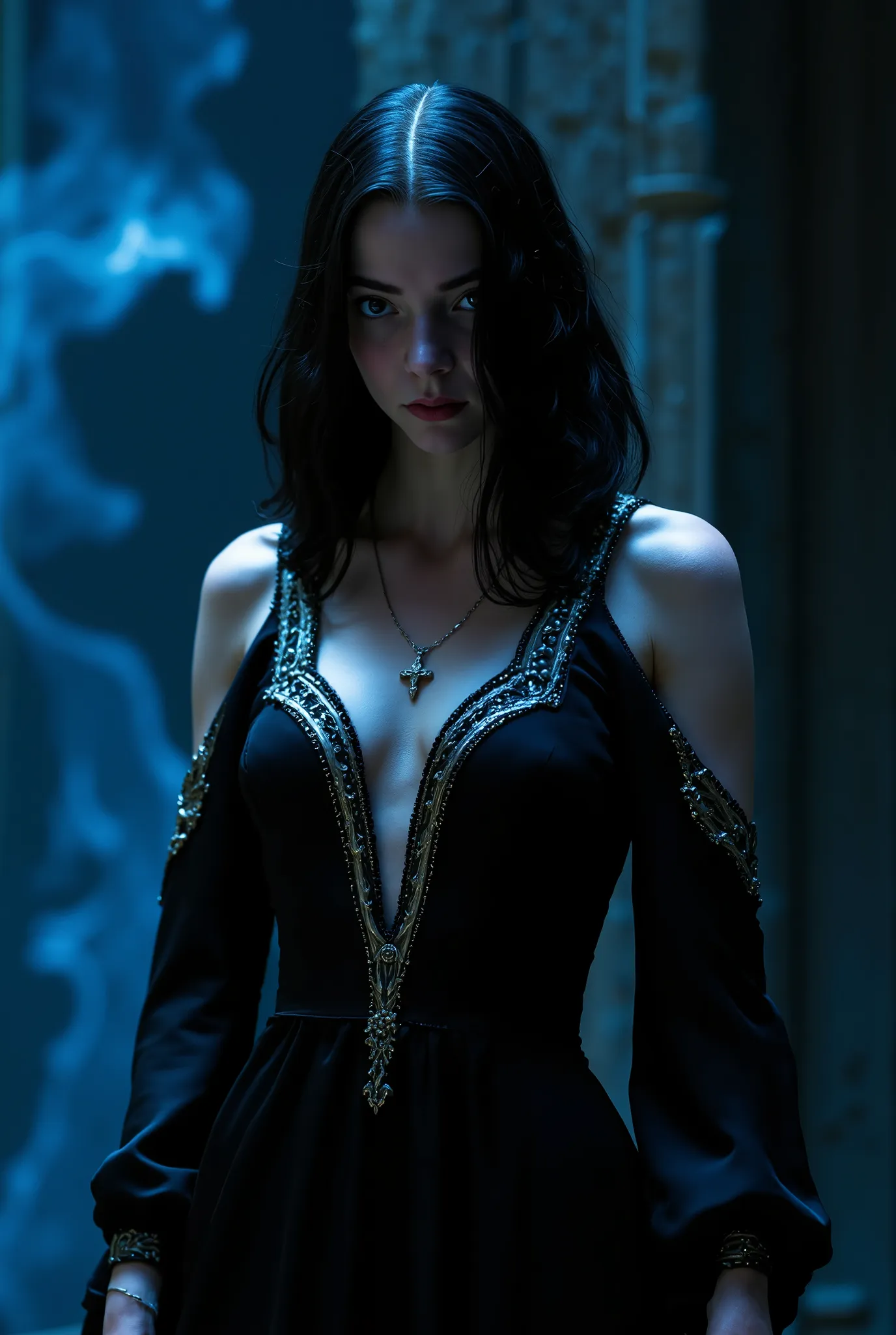 close up portrait, mysterious seductive girl in dark room with blue light, she is dressed in a flowing black silk dress with a hood, the dress has a deep neckline and cutouts along the sides, the dress has silver swirling branching patterns around the shou...