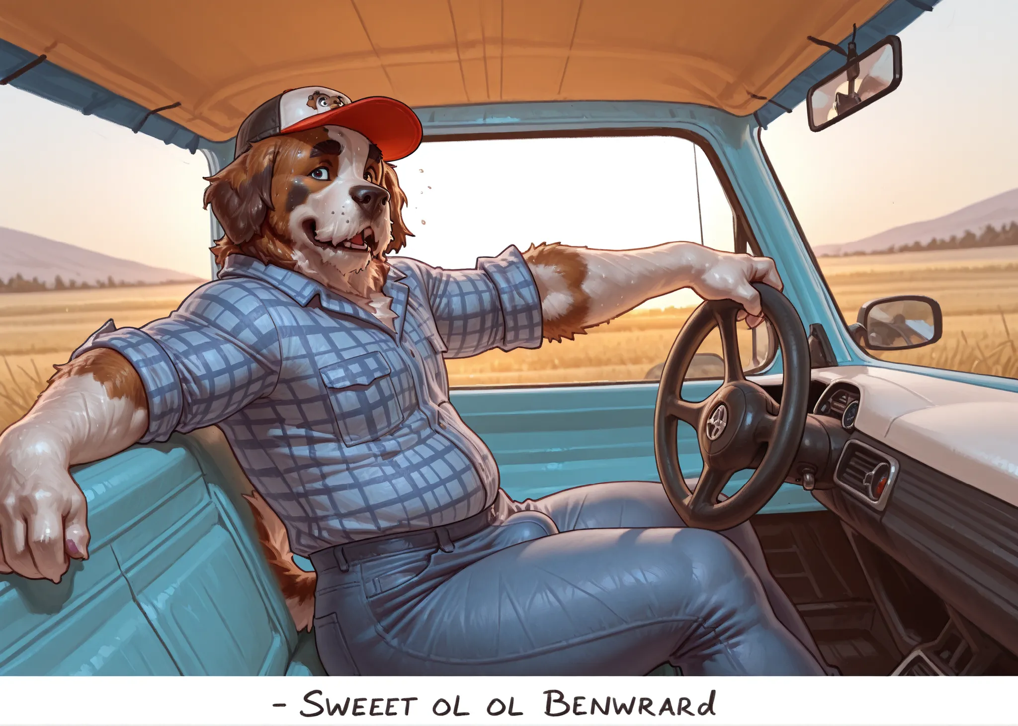 Taran Fiddler , ((A sweet old anthro Saint Bernard dog sits in his pickup truck.)) 3/4 view , solo , Saint Bernard dog , canine , male , older male , mature male , elderly male , wrinkles , jowls , bushy eyebrows , hairy , chubby, sweating , panting , wide...