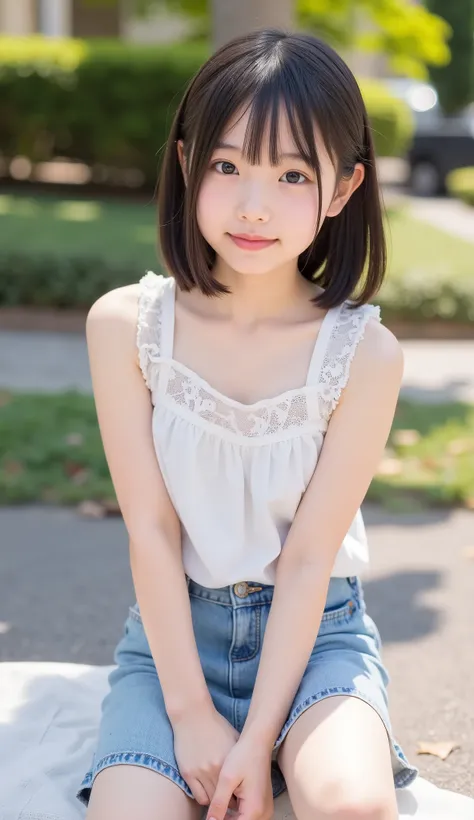 Cute Lolly,Japanese girl,hyperreal,high definition,Highest Quality,8k, Exquisite Details ,(elementary school student,short,baby face:1.3),(Tank Top,DENIM MINI SKIRT),staring at the viewer,depth of field,full body,5 girls in the back,playground,delicate ski...