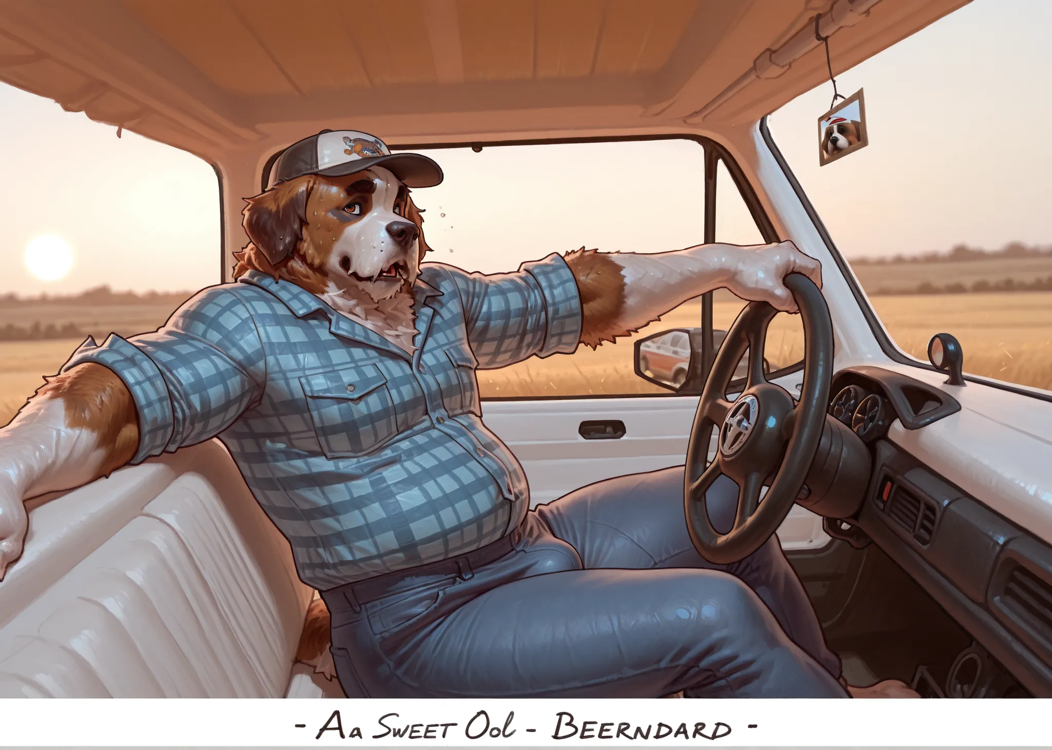 Taran Fiddler , ((A sweet old anthro Saint Bernard dog sits in his pickup truck.)) 3/4 view , solo , Saint Bernard dog , canine , male , older male , mature male , elderly male , wrinkles , jowls , bushy eyebrows , hairy , overweight , sweating , panting ,...