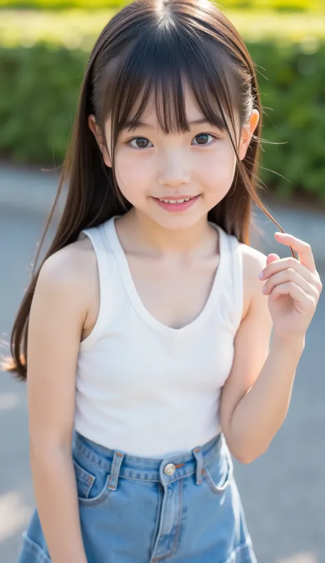 Cute Lolly,Japanese girl,hyperreal,high definition,Highest Quality,8k, Exquisite Details ,(elementary school student,short,baby face:1.3),(Tank Top,DENIM MINI SKIRT),staring at the viewer,depth of field,full body,5 girls in the back,playground,delicate ski...