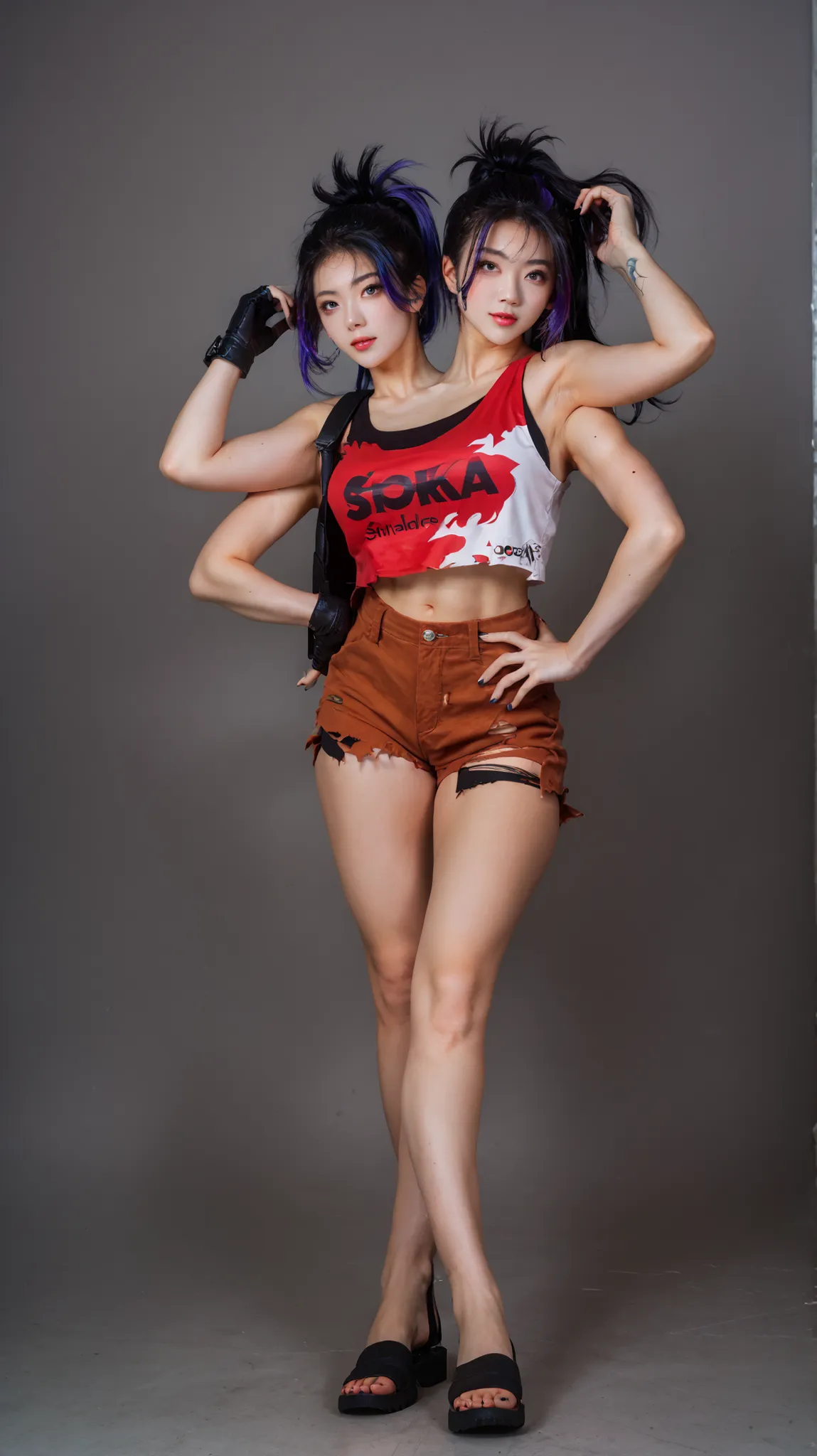 best resolution,anime woman with two heads, blue eyes, different hair colors, purple hair, black hair, different hairstyles, different hair-lengths, short hair, long hair, spiky hair, straight hair, hair down, tanktop, one shoulder bare, torn split color...