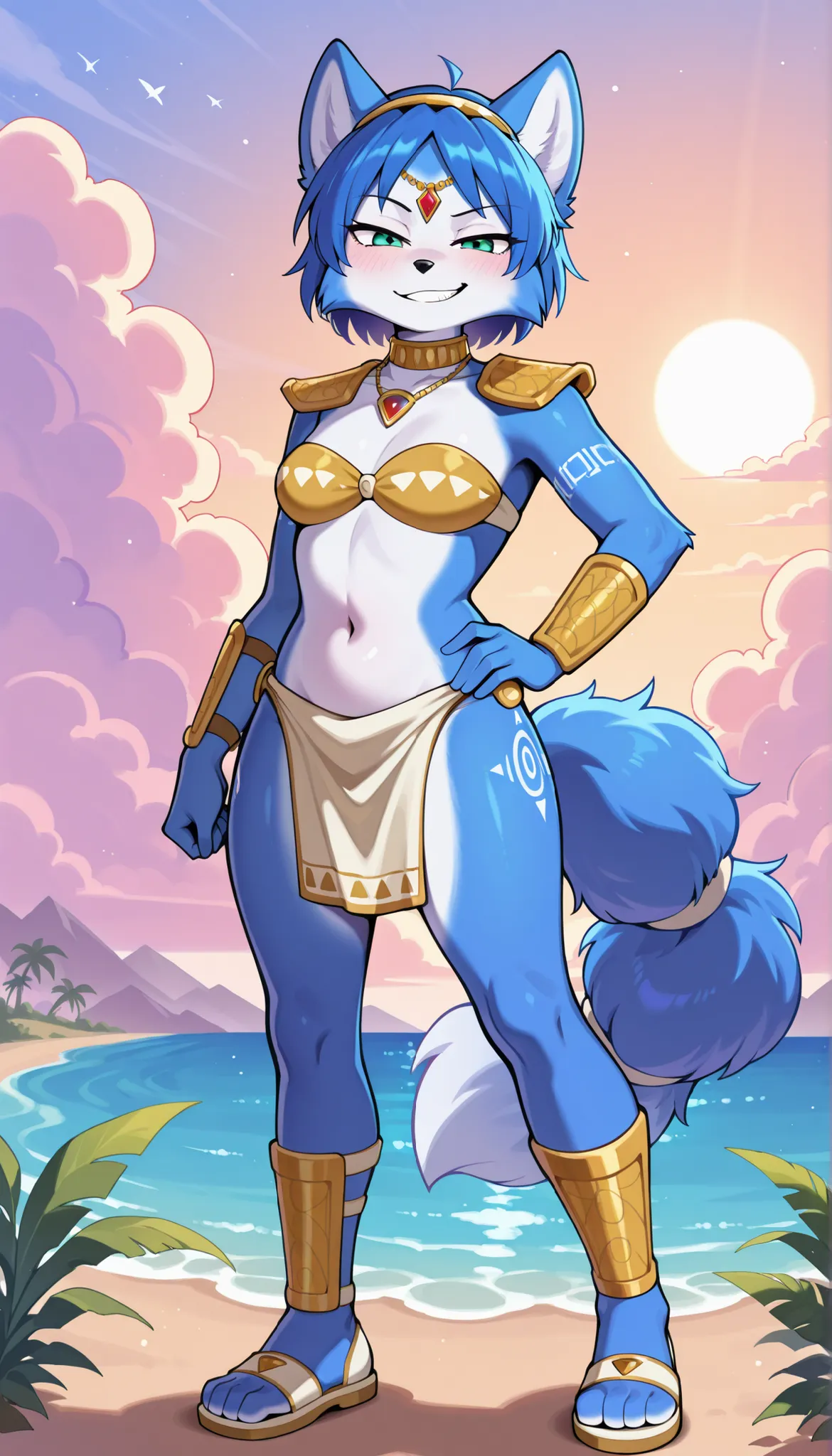 score_9,score_8_up,score_7_up, source_cartoon, source_furry, 1girl, source_furry, score_9, score_8_up, score_7_up, score_6_up, score_5_up, score_4_up, green eyes, anthro, female, fox, ((krystal star fox outfit, tribal outfit, gold strapless bra, gold shoul...