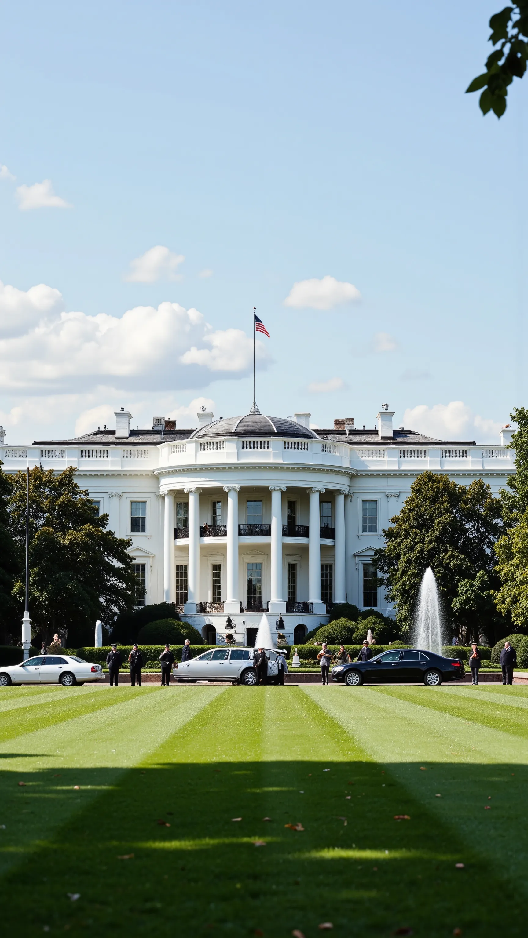 in high-definition images(photorealism:1.2)、The US President's car、Leaving the entrance to the White House.、Several Marines are saluting.、The beautiful lawn of the White House is dazzling.、The White House, cars and people are the main focus.、The backgroun...