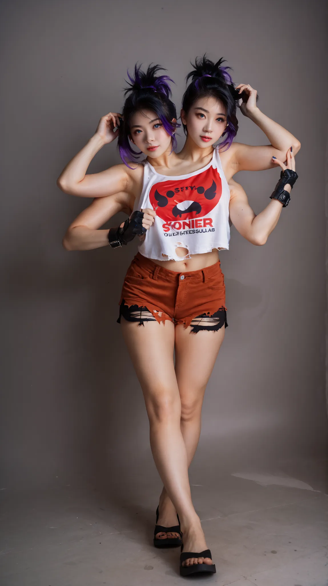 best resolution,anime woman with two heads, blue eyes, different hair colors, purple hair, black hair, different hairstyles, different hair-lengths, short hair, long hair, spiky hair, straight hair, hair down, tanktop, one shoulder bare, torn split color...