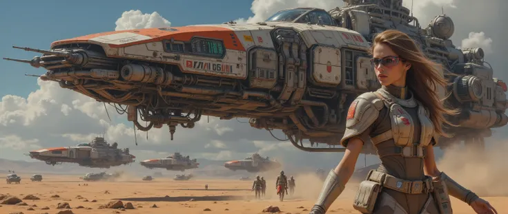  epic oil painting  , 16 thousand.,  artistic masterpiece  ,   correct gravity   ,  science fiction  , 10,    000 years of the Galactic Republic    , ,   is a very futuristic landscape with fantastic combat vehicles and mechanisms  , }  the motives of the ...